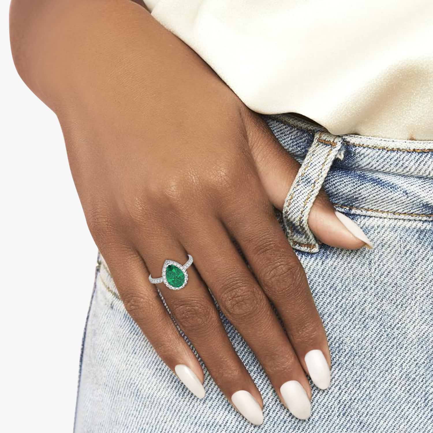 Pear Cut Halo Emerald & Diamond Engagement Ring 14K White Gold 3.21ct