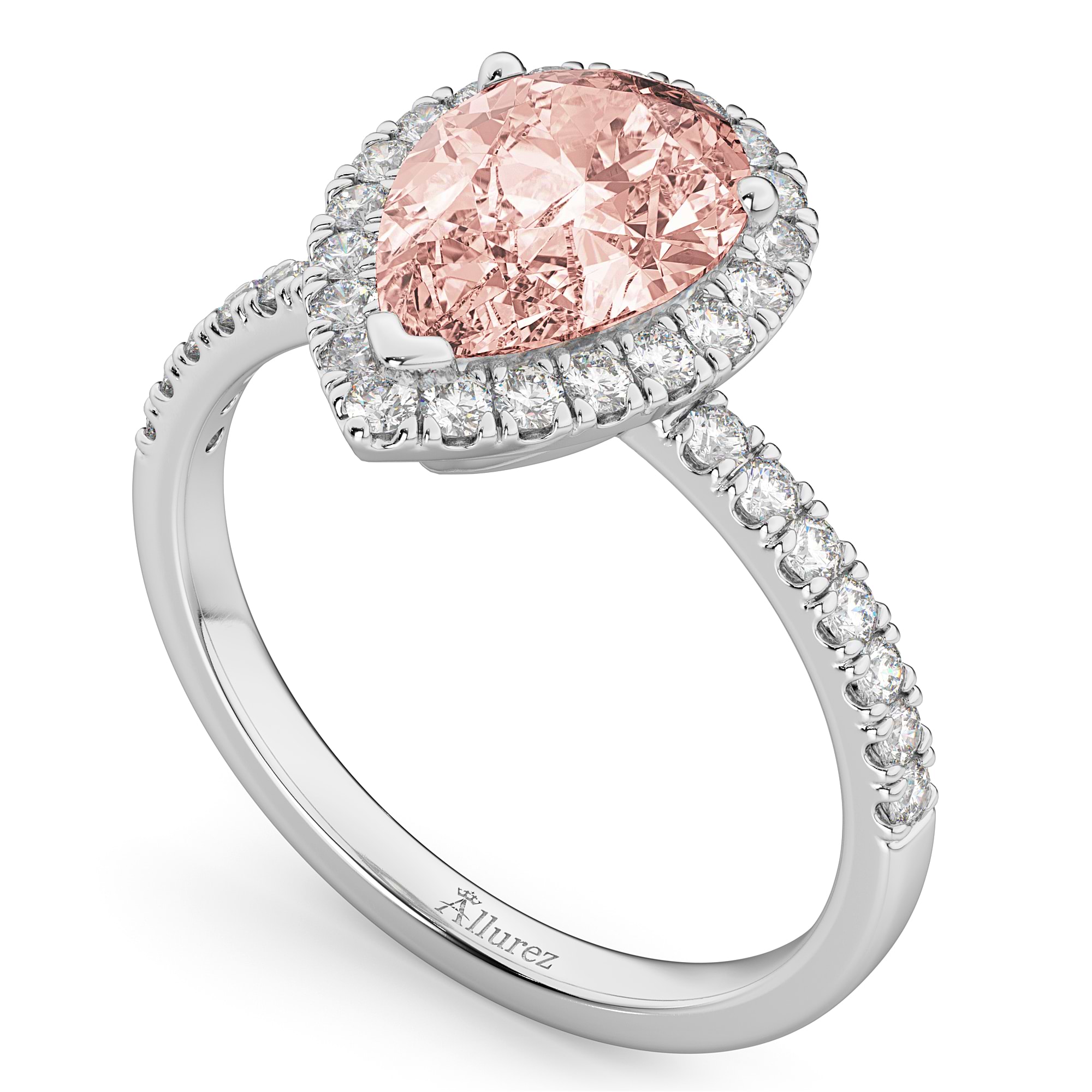 Pear Cut Halo Morganite & Diamond Engagement Ring 14K White Gold 2.51ct