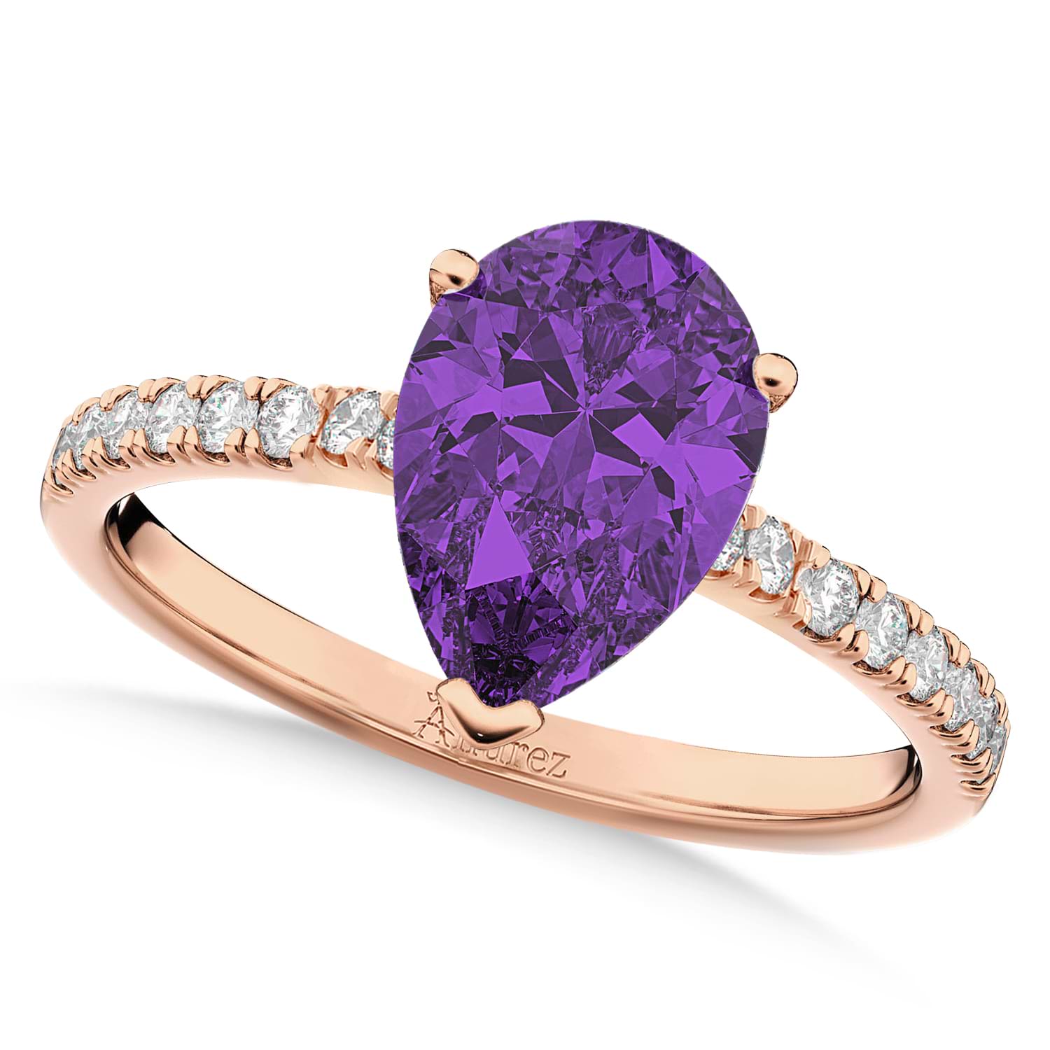 Pear Cut Sidestone Accented Amethyst & Diamond Engagement Ring 14K Rose Gold 1.91ct