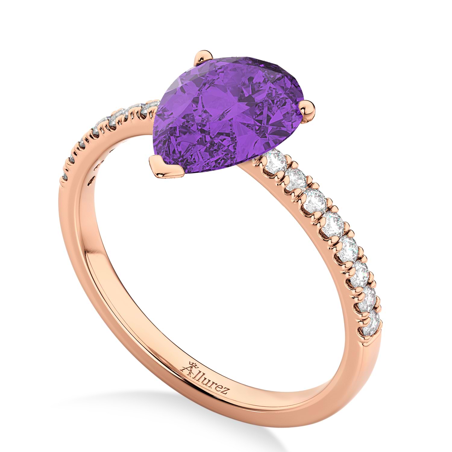 Pear Cut Sidestone Accented Amethyst & Diamond Engagement Ring 14K Rose Gold 1.91ct