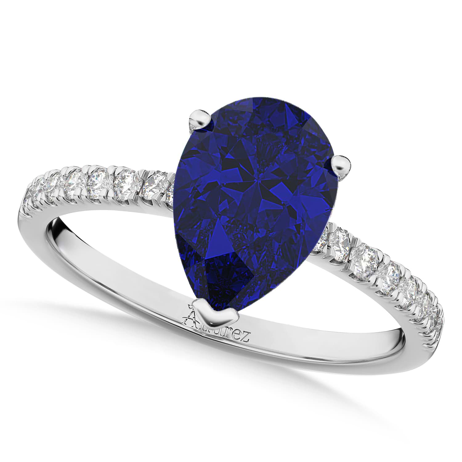 Pear Cut Sidestone Accented Blue Sapphire & Diamond Engagement Ring 14K White Gold 2.71ct