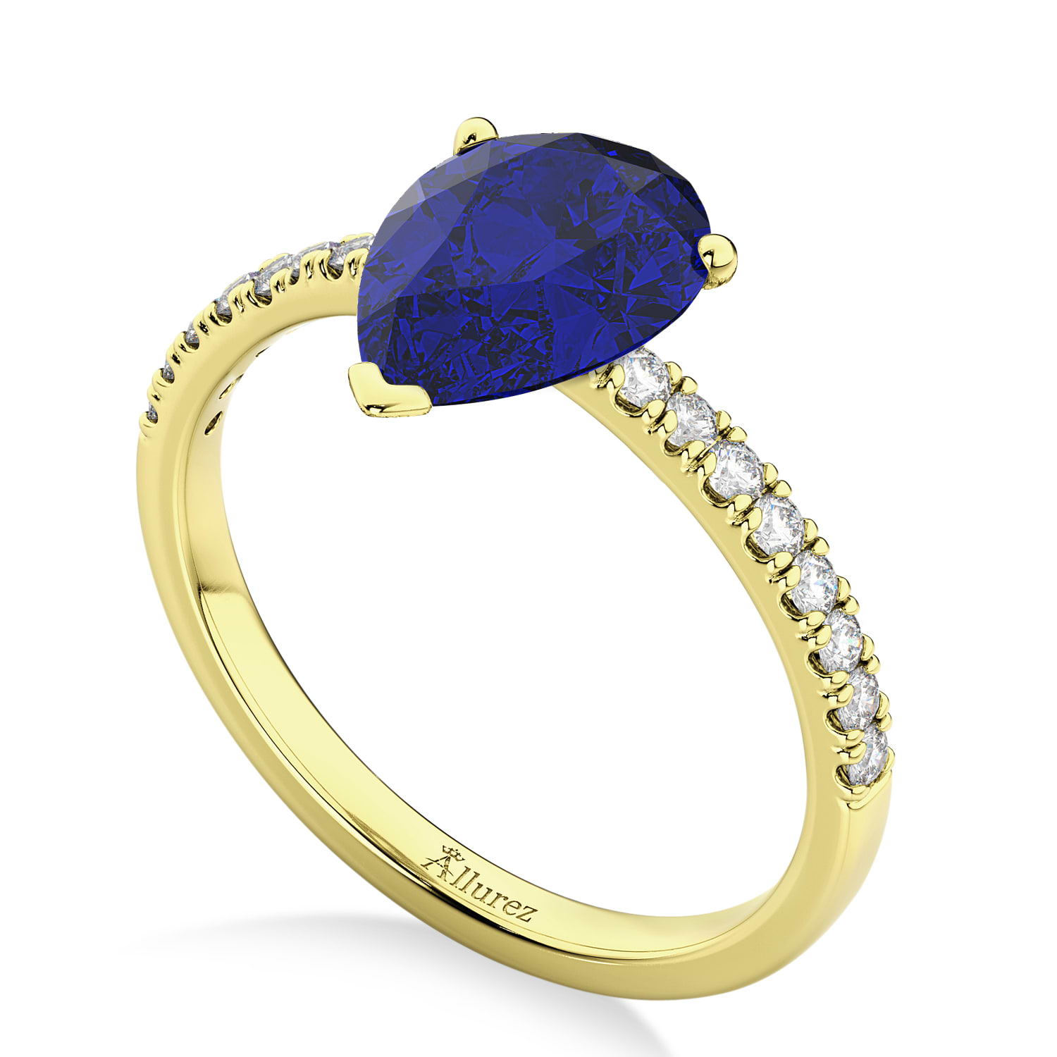 Pear Cut Sidestone Accented Blue Sapphire & Diamond Engagement Ring 14K Yellow Gold 2.71ct