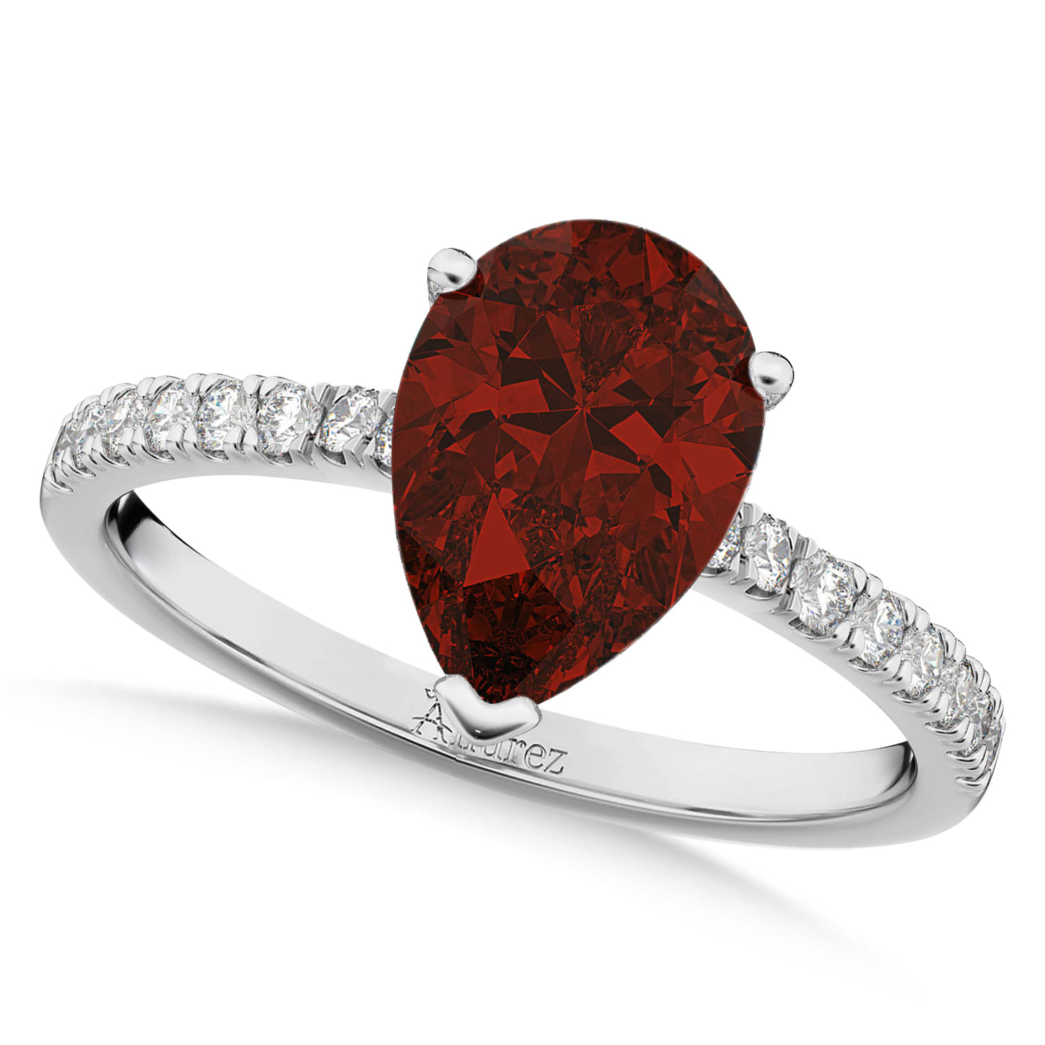 Pear Cut Sidestone Accented Garnet & Diamond Engagement Ring 14K White Gold 2.01ct