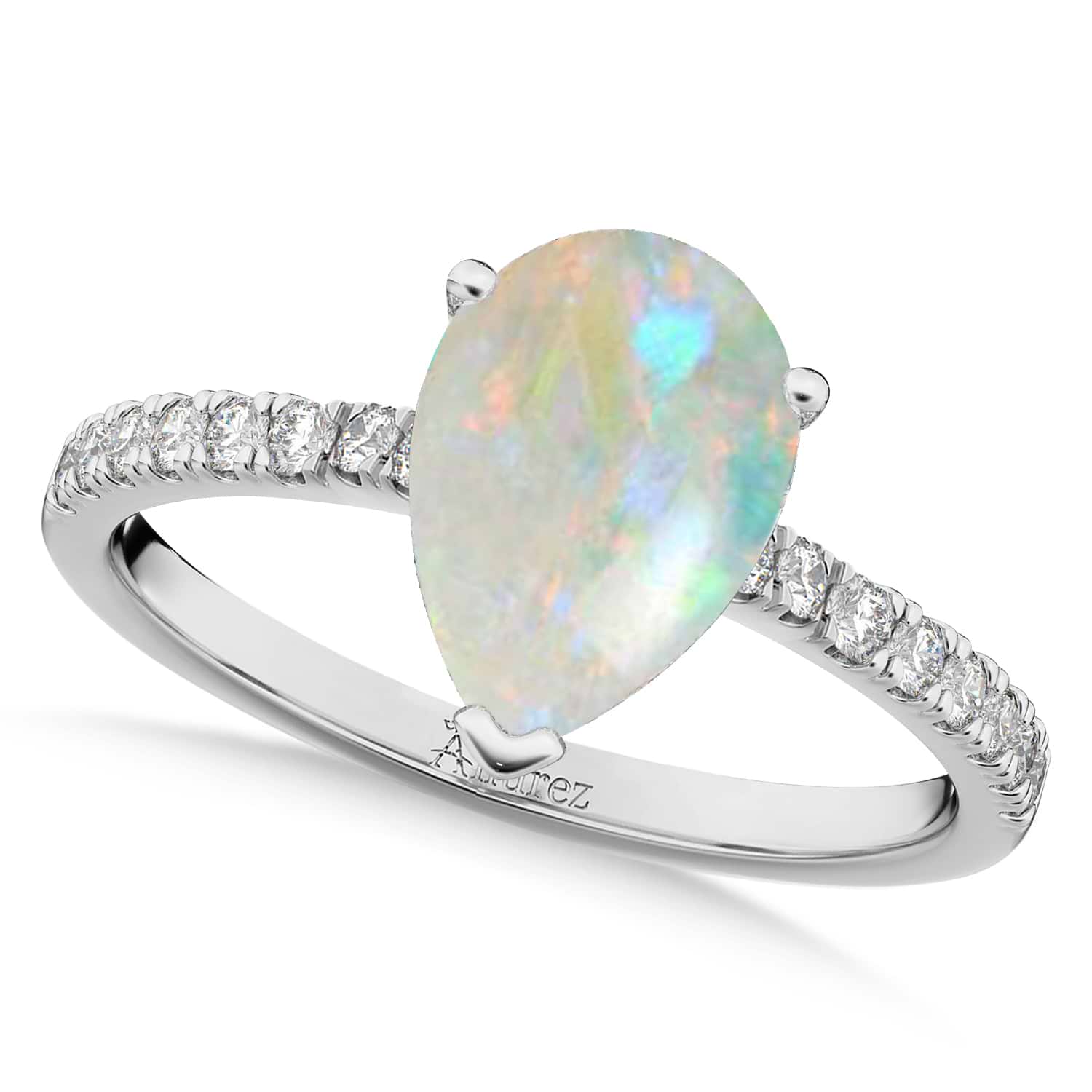 Pear Cut Sidestone Accented Opal & Diamond Engagement Ring 14K White Gold 1.24ct