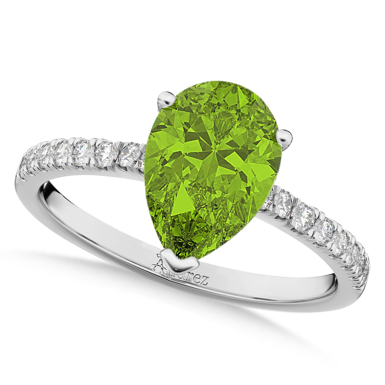 Pear Cut Sidestone Accented Peridot & Diamond Engagement Ring 14K White Gold 1.61ct