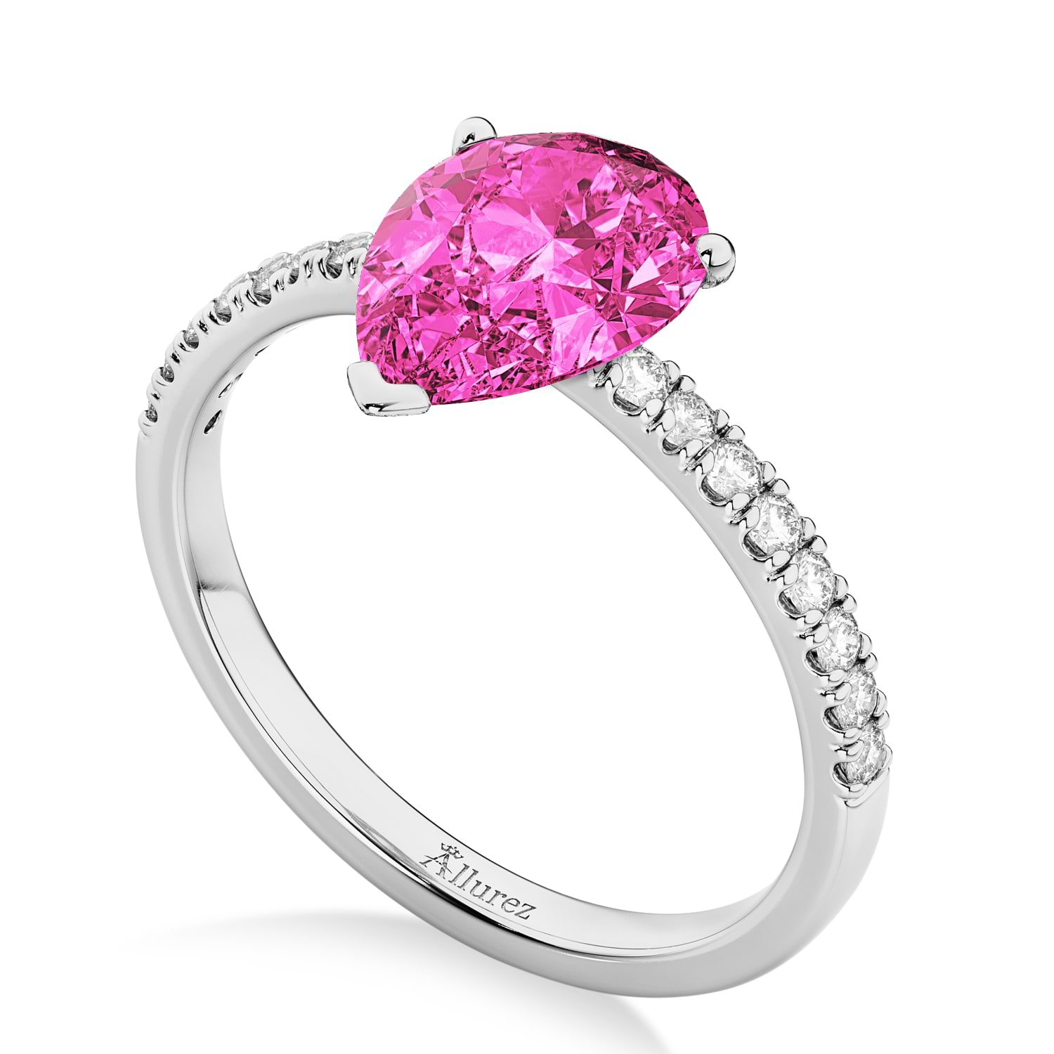 Pear Cut Sidestone Accented Pink Tourmaline & Diamond Engagement Ring 14K White Gold 1.61ct
