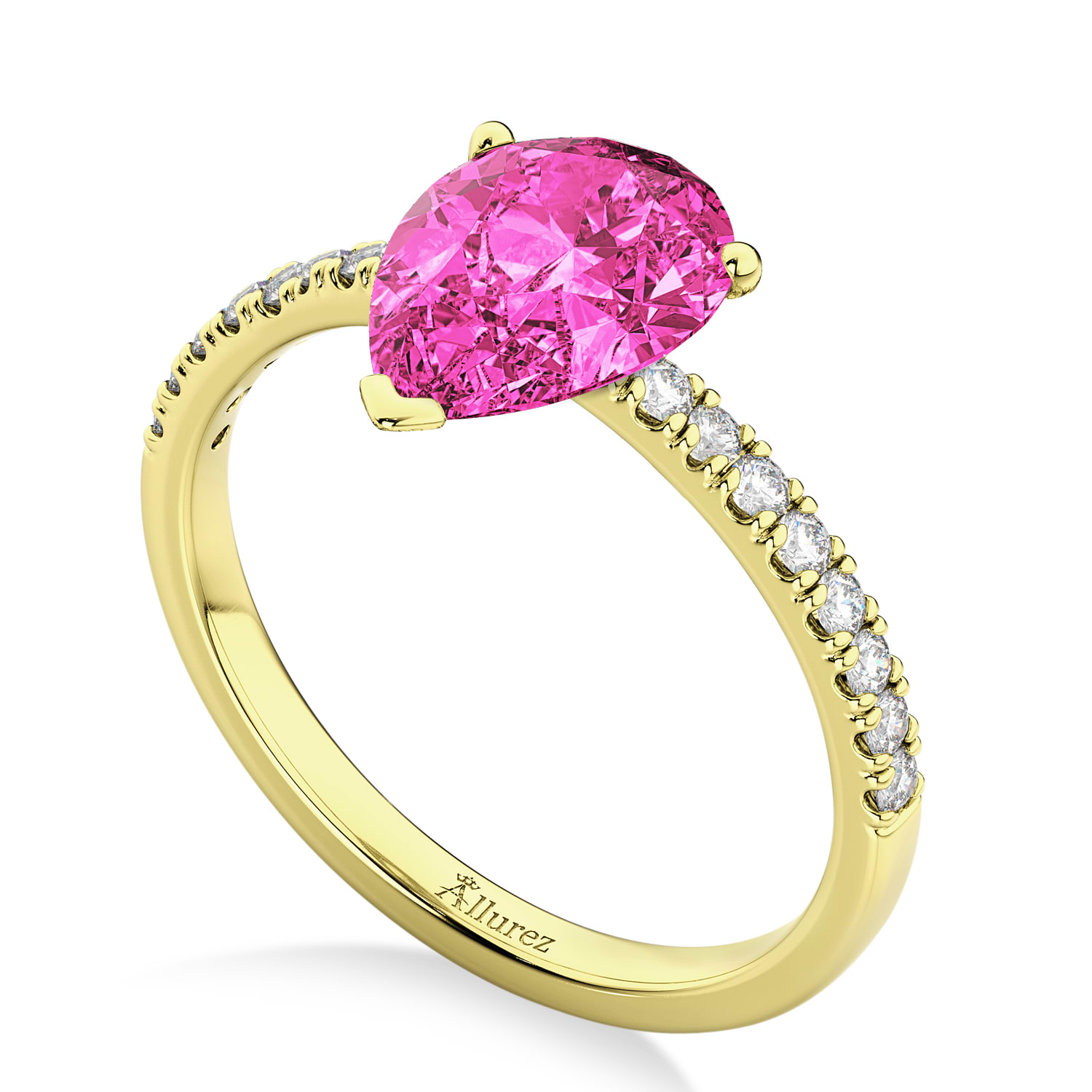 Pear Cut Sidestone Accented Pink Tourmaline & Diamond Engagement Ring 14K Yellow Gold 1.61ct