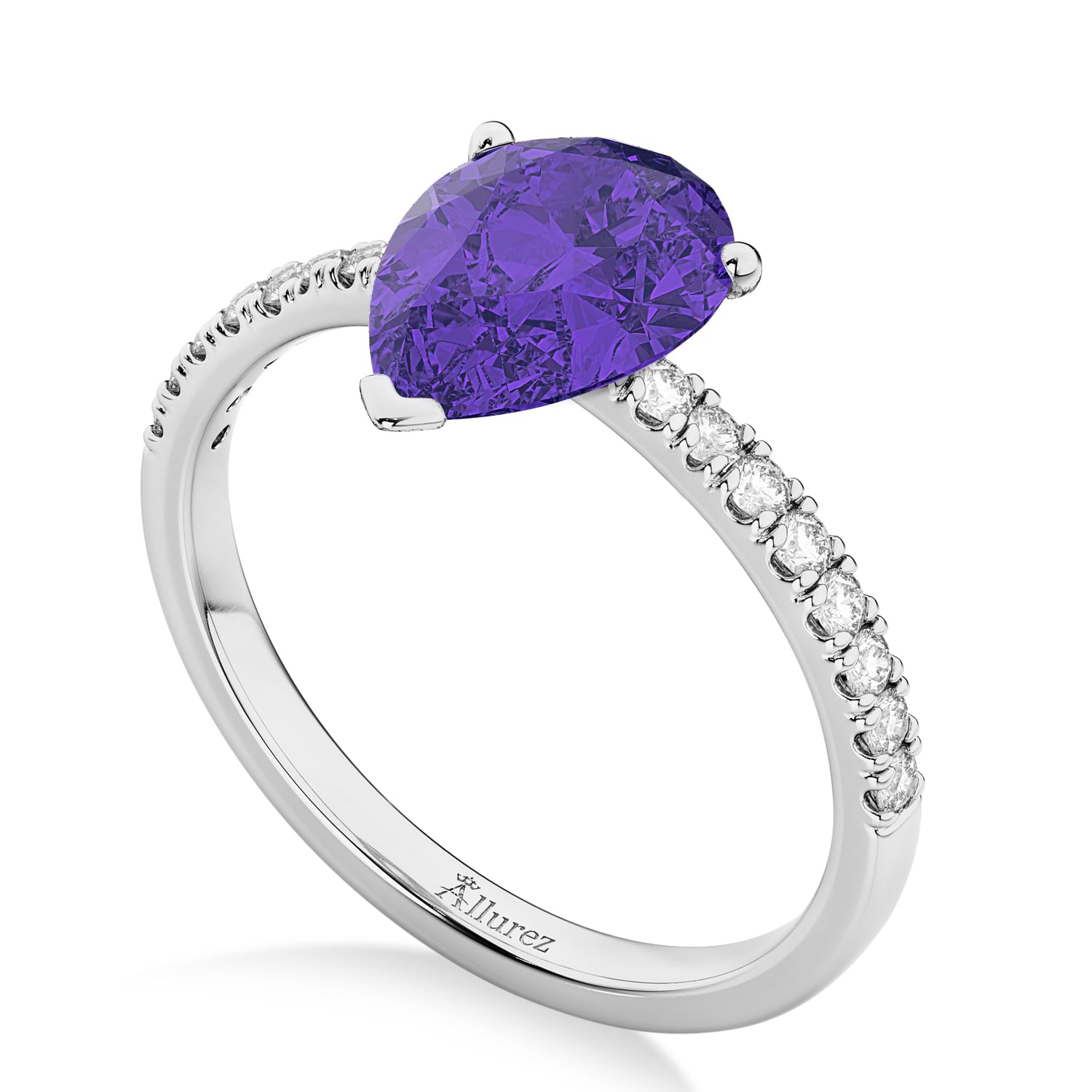 Pear Cut Sidestone Accented Tanzanite & Diamond Engagement Ring 14K White Gold 1.24ct