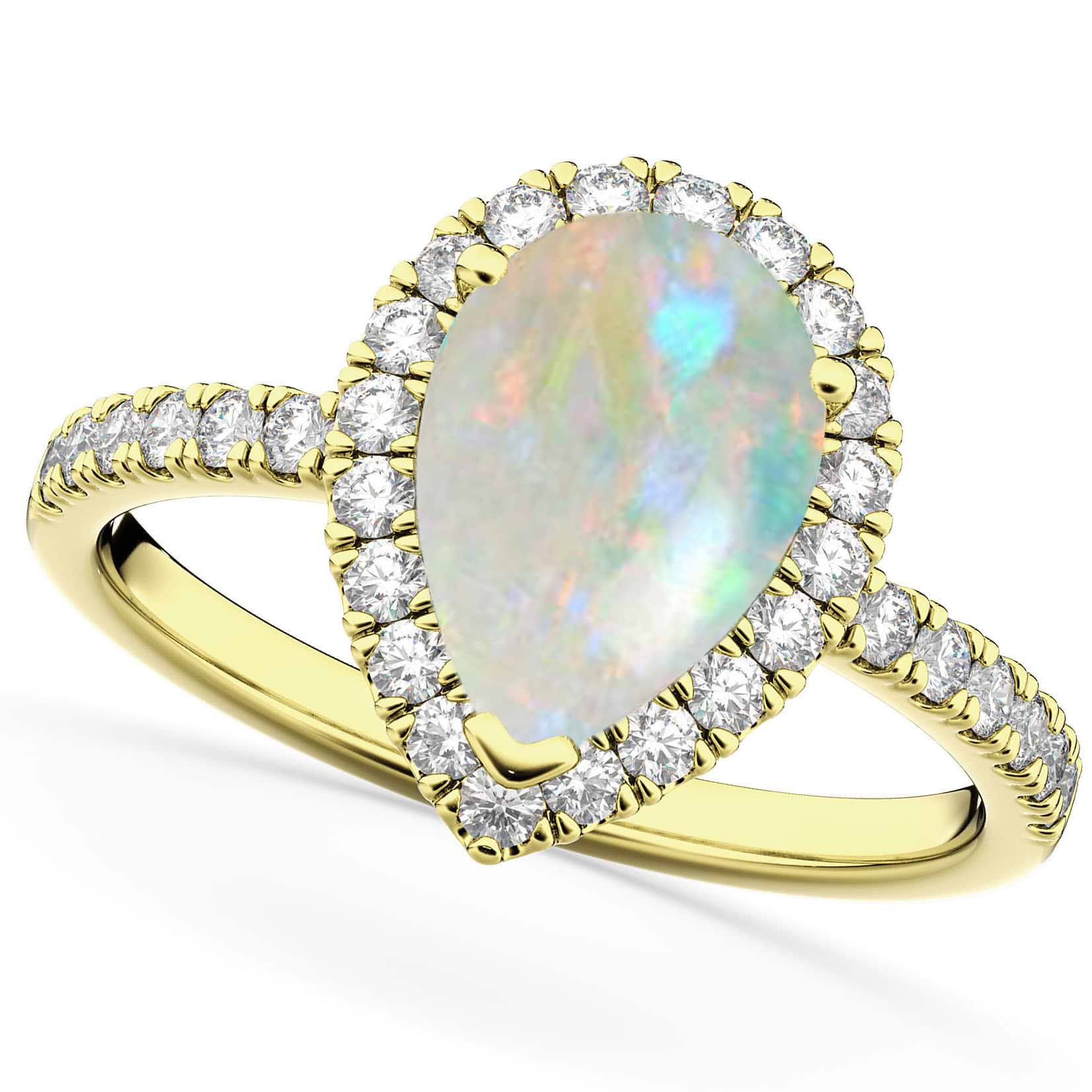 Pear Cut Halo Opal & Diamond Engagement Ring 14K Yellow Gold 1.54ct ...