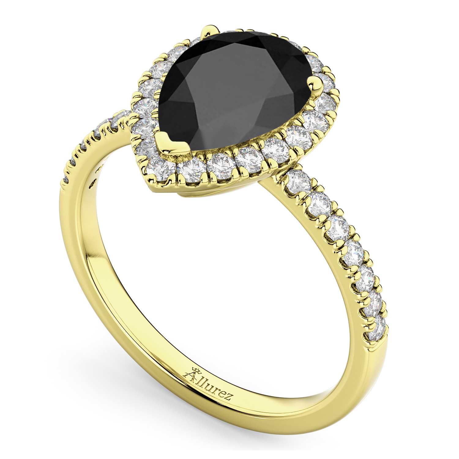 Pear Cut Halo Black Onyx & Diamond Engagement Ring 14K Yellow Gold 2.21ct