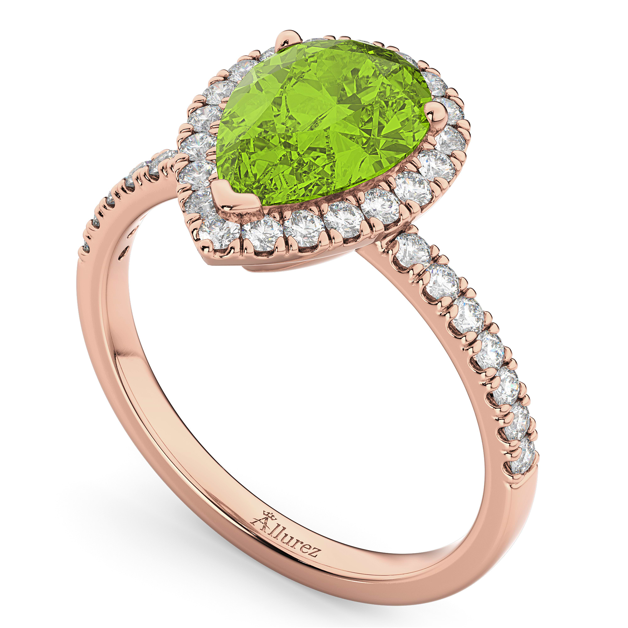 Pear Cut Halo Peridot & Diamond Engagement Ring 14K Rose Gold 1.91ct