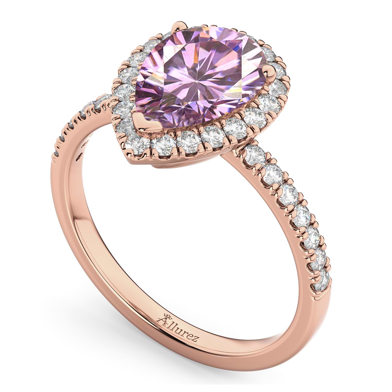 Pear Cut Halo Pink Moissanite & Diamond Engagement Ring 14K Rose Gold 2.44ct