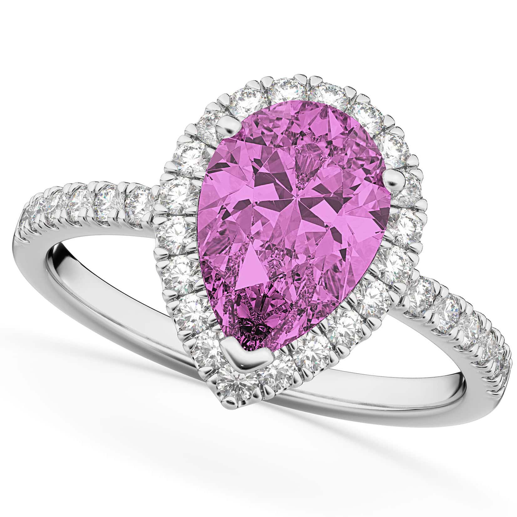 Pear Cut Halo Pink Sapphire & Diamond Engagement Ring 14K White Gold 3.01ct