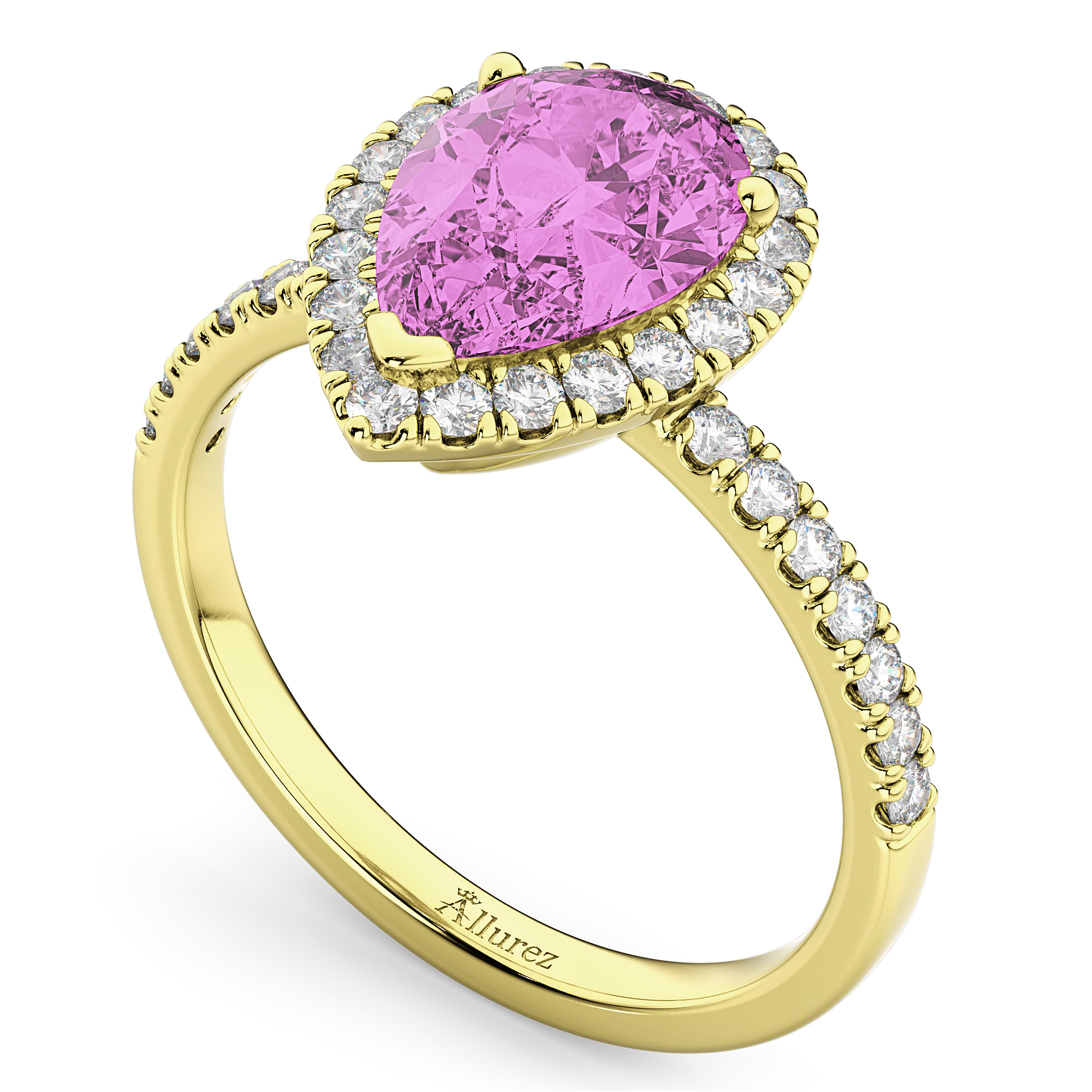 Pear Cut Halo Pink Sapphire & Diamond Engagement Ring 14K Yellow Gold 3.01ct