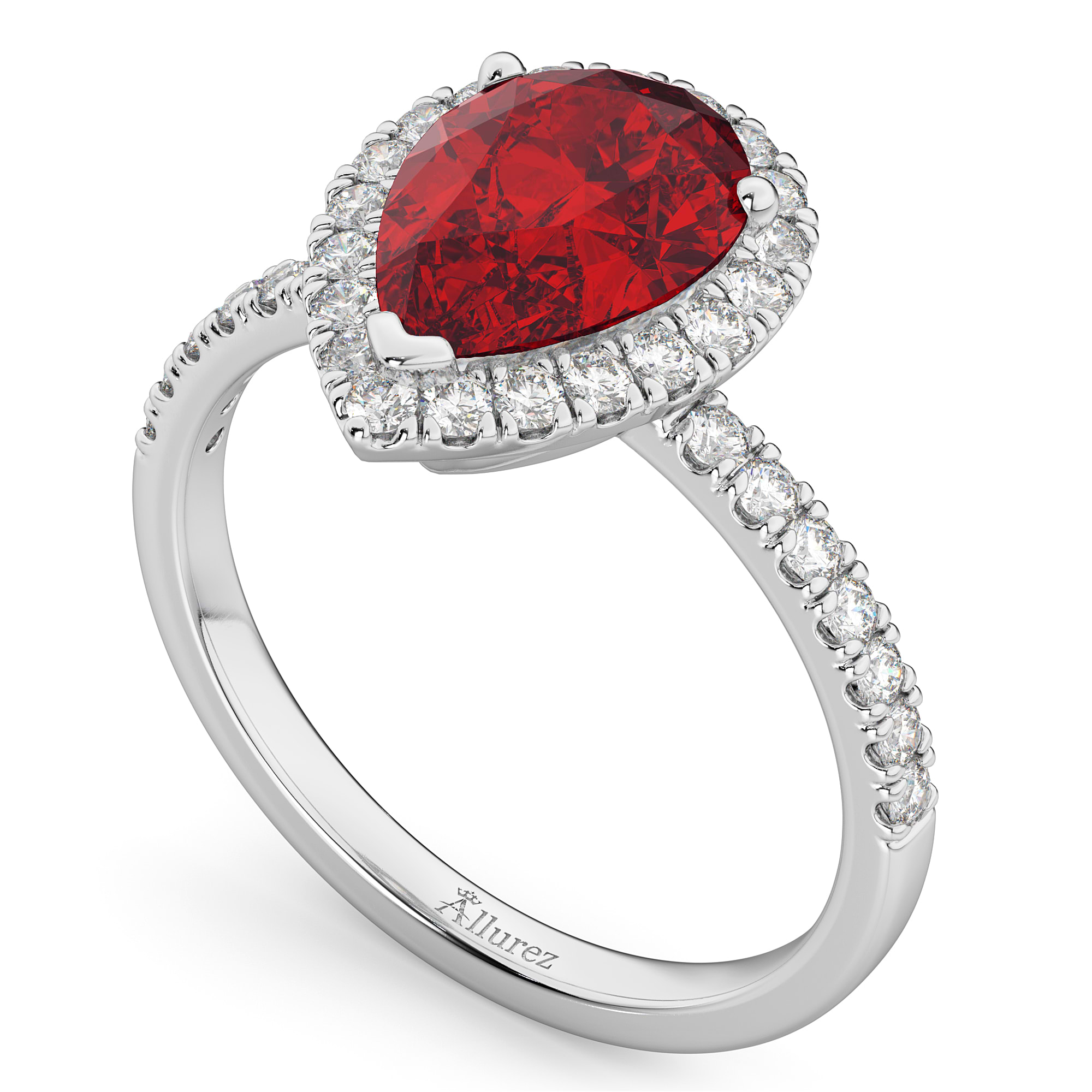 Pear Cut Halo Ruby & Diamond Engagement Ring 14K White Gold 3.01ct