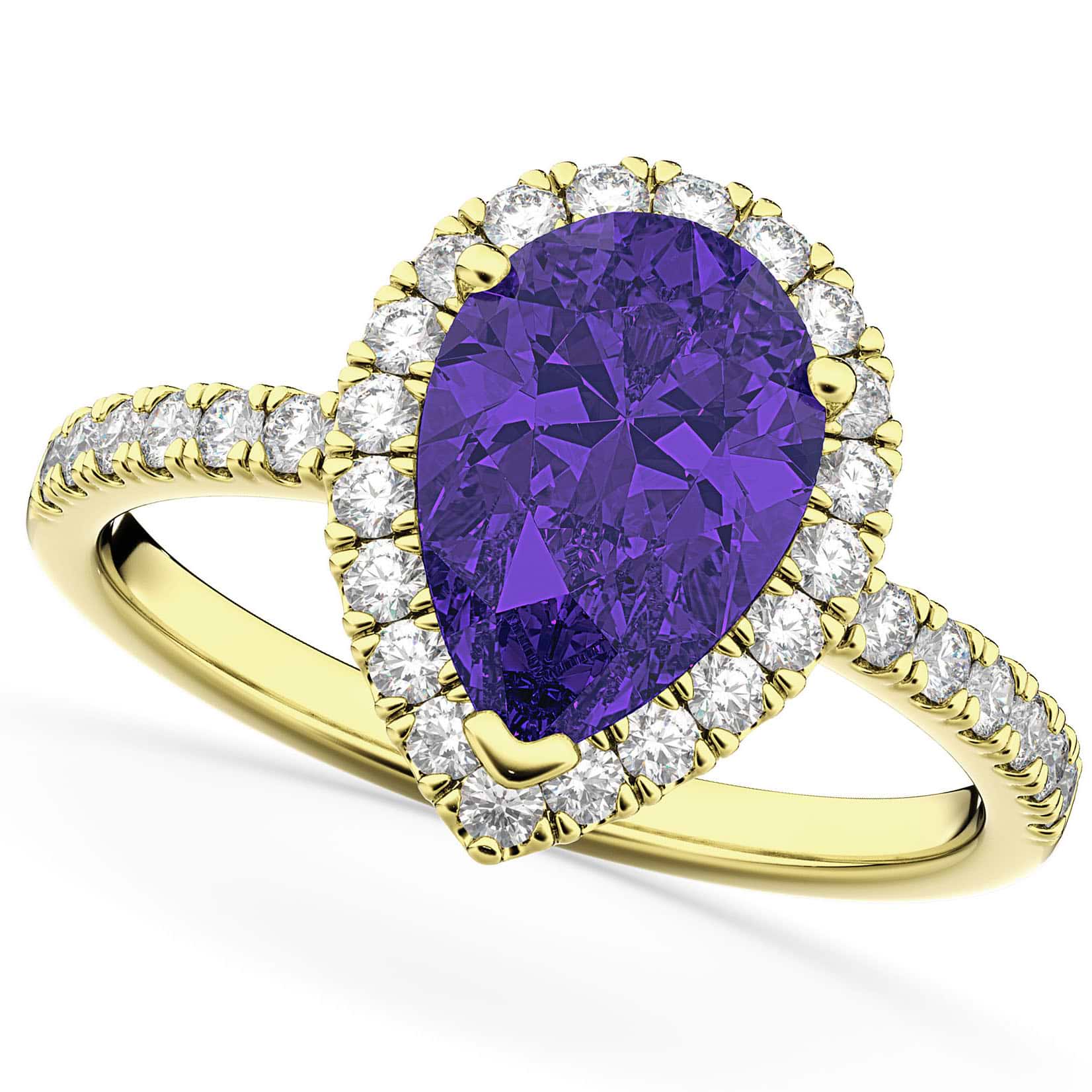 Pear Cut Halo Tanzanite & Diamond Engagement Ring 14K Yellow Gold 1.54ct