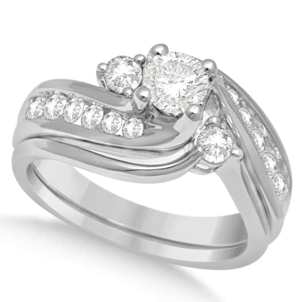Bypass Diamond Engagement Ring & Band 14K White Gold Bridal Set 1.03ct
