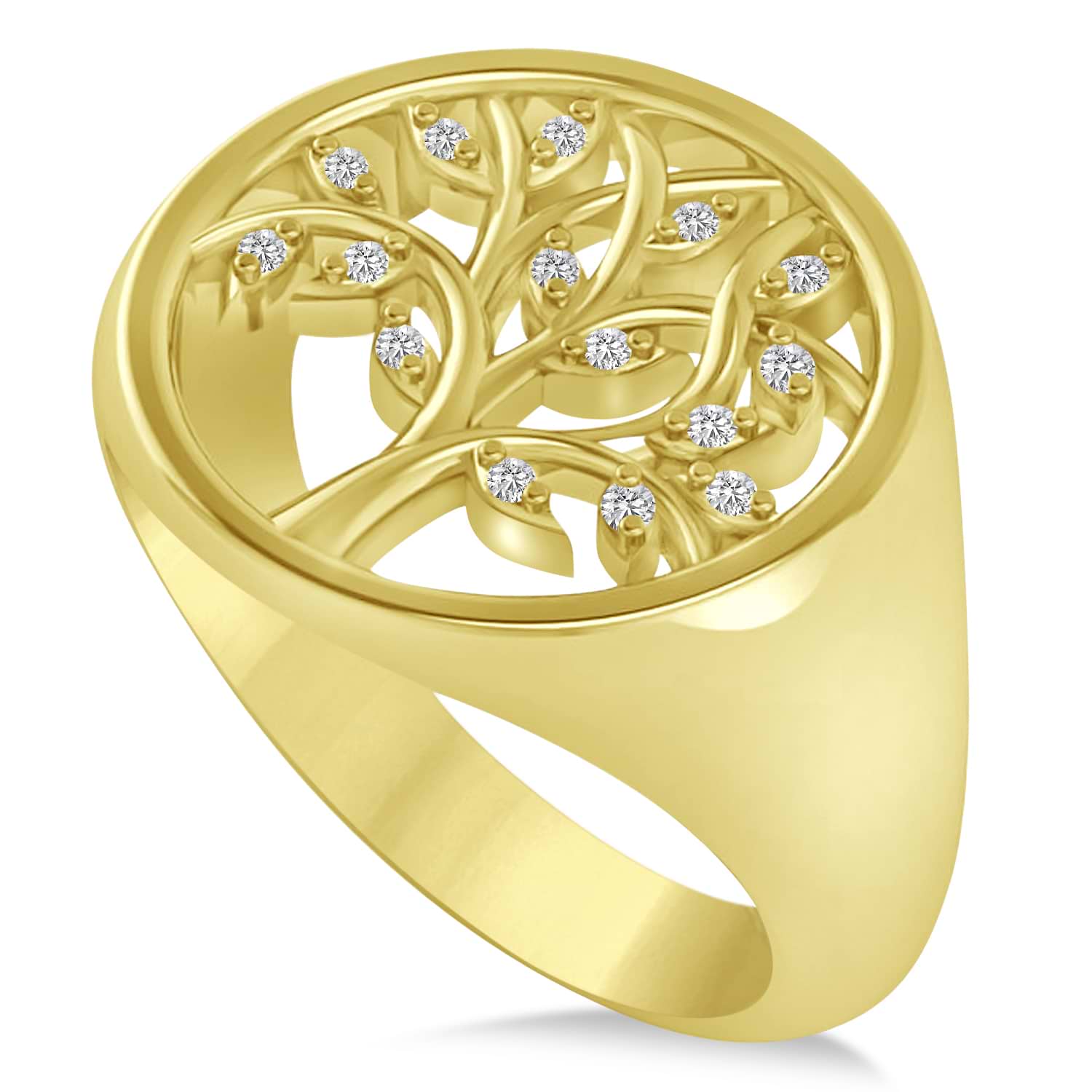 Family Tree of Life Diamond Signet Ring 14k Yellow Gold (0.08ct)