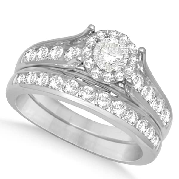 Diamond Halo Engagement Ring & Channel Set Band 14K White Gold 1.52ct