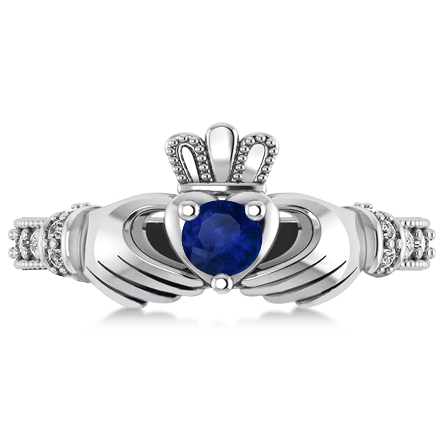 Blue Sapphire & Diamond Claddagh Engagement Ring in 14k White Gold (0.42ct)