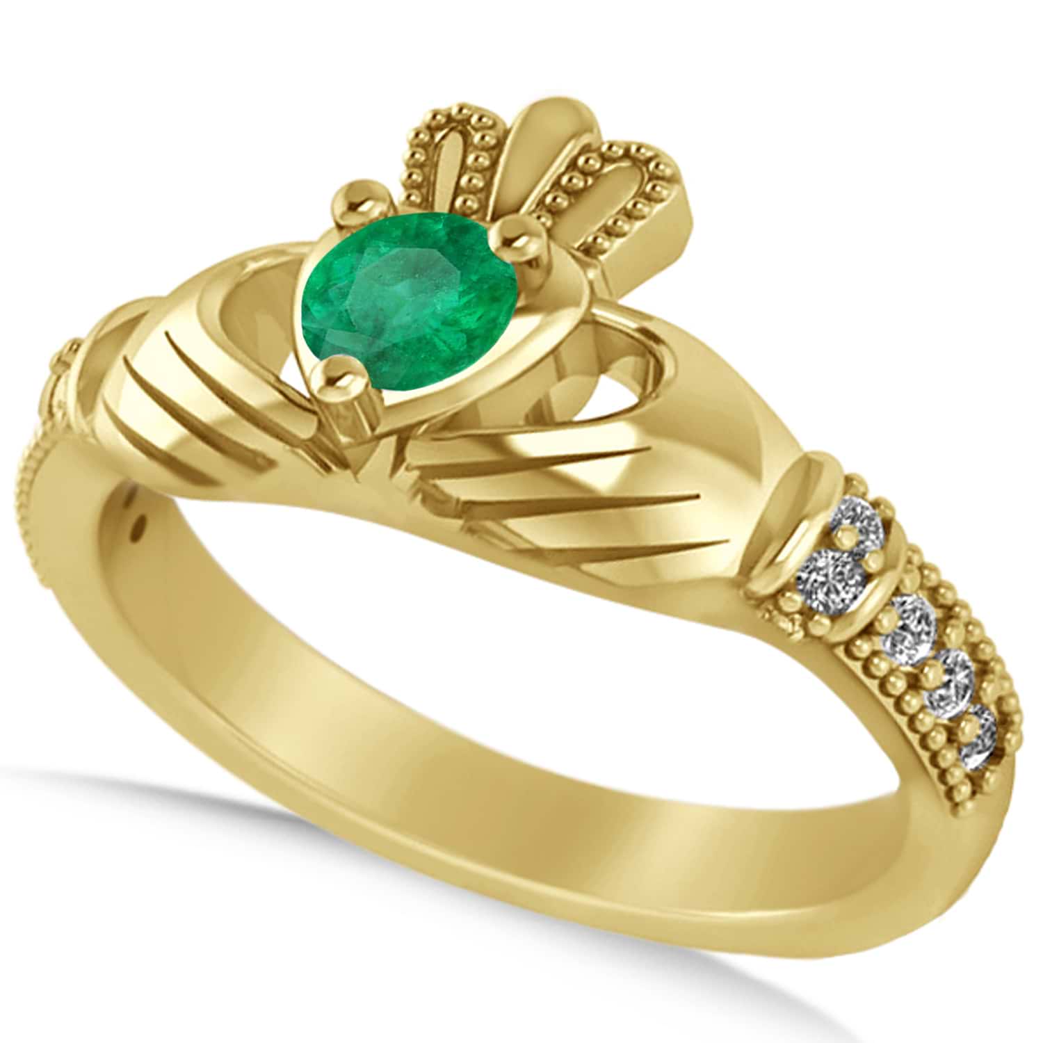 Emerald & Diamond Claddagh Engagement Ring in 14k Yellow Gold (0.42ct)