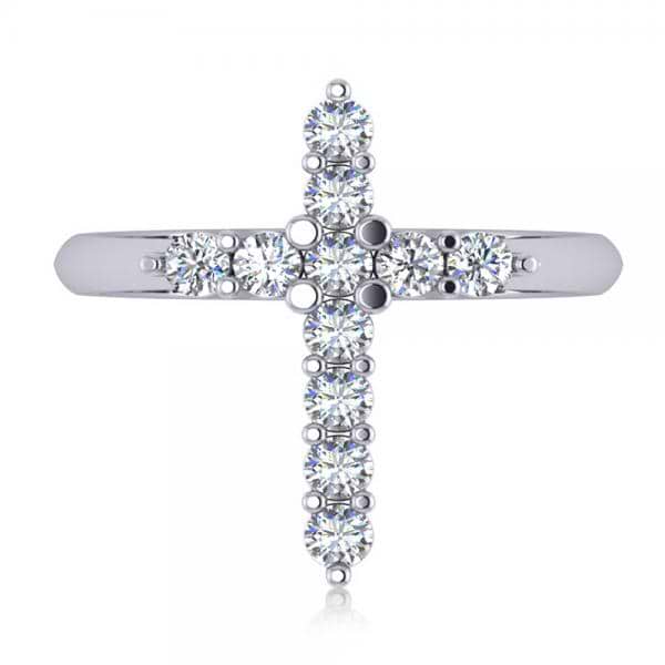 Large Religious Cross Round-Cut Diamond Ring 14k White Gold (0.55ct)