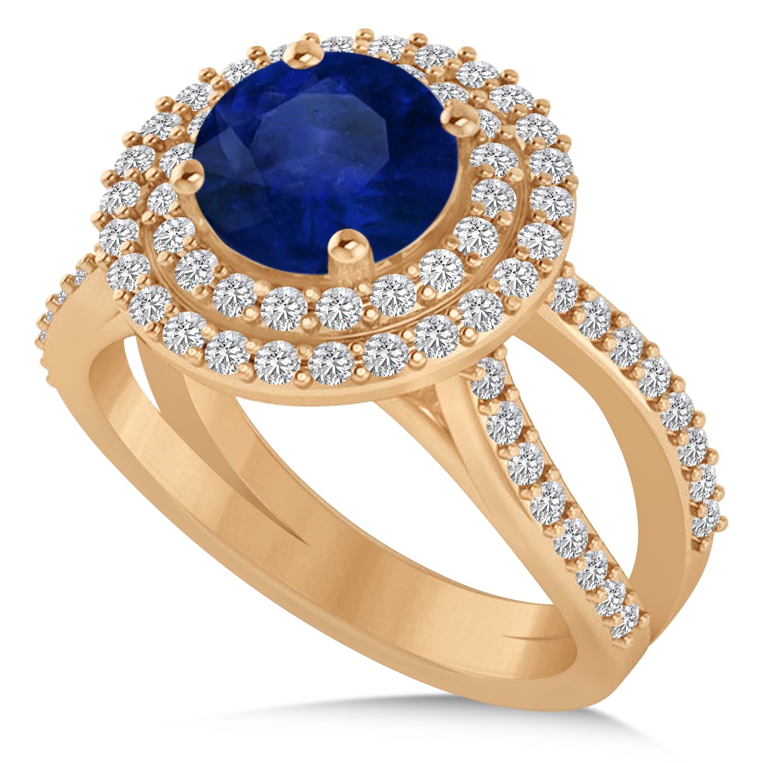Double Halo Blue Sapphire Engagement Ring 14k Rose Gold (2.27ct)