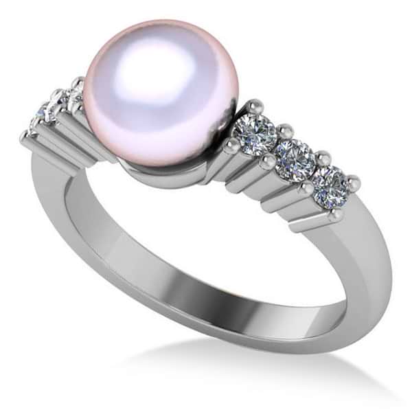 Pearl & Diamond Accented Engagement Ring 14k White Gold 8mm (0.30ct)