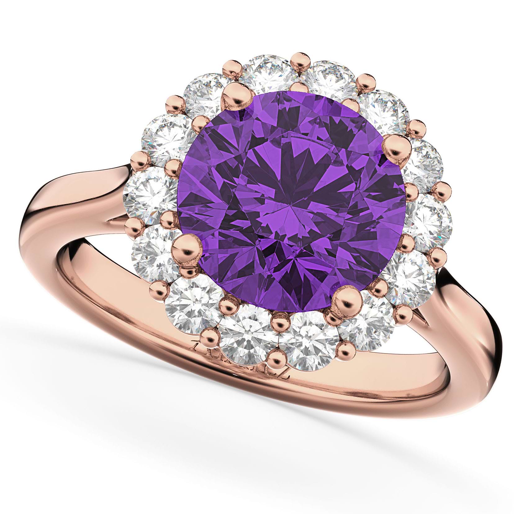 Halo Round Amethyst & Diamond Engagement Ring 14K Rose Gold 3.26ct