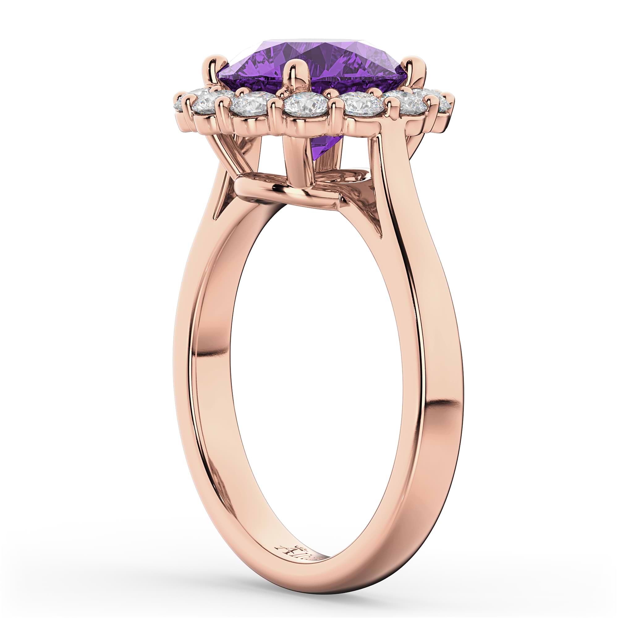 Halo Round Amethyst & Diamond Engagement Ring 14K Rose Gold 3.26ct