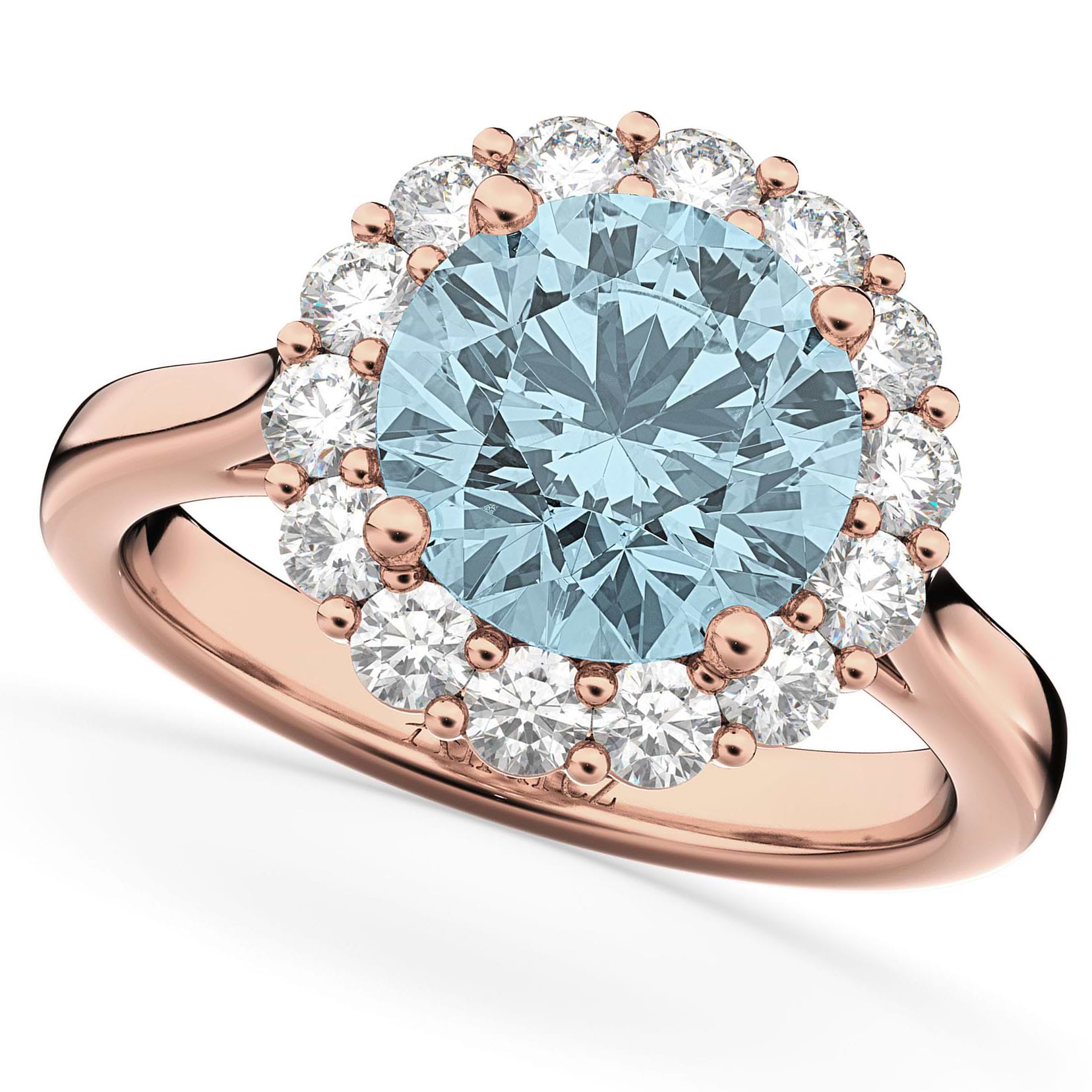 Halo Round Aquamarine & Diamond Engagement Ring 14K Rose Gold 3.70ct