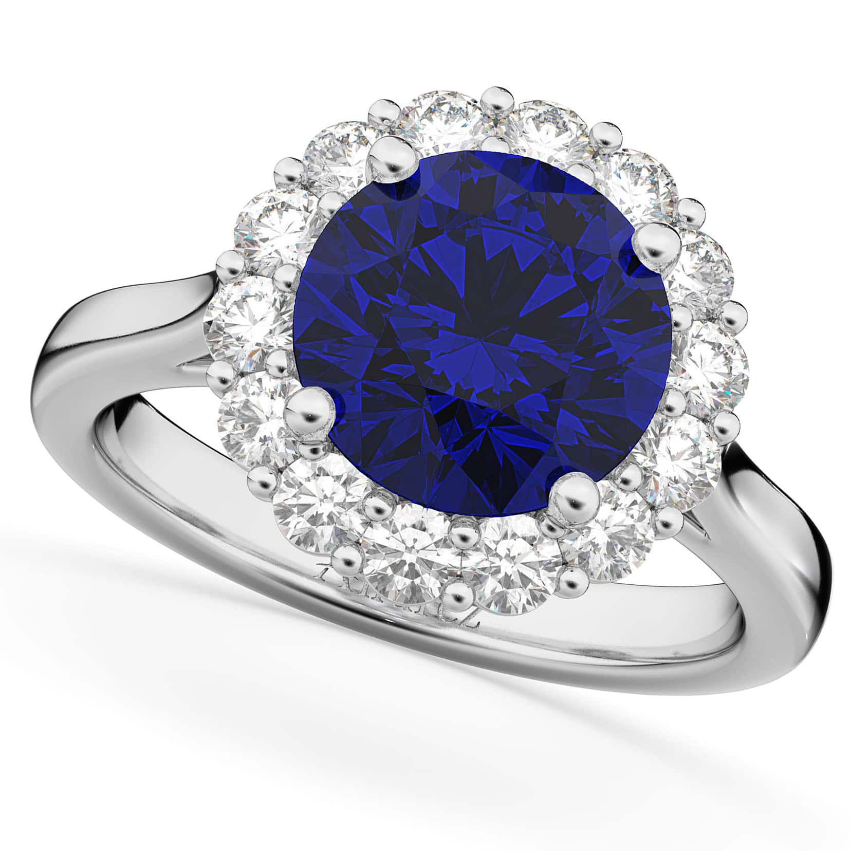 Halo Round Blue Sapphire & Diamond Engagement Ring 14K White Gold 4.45ct