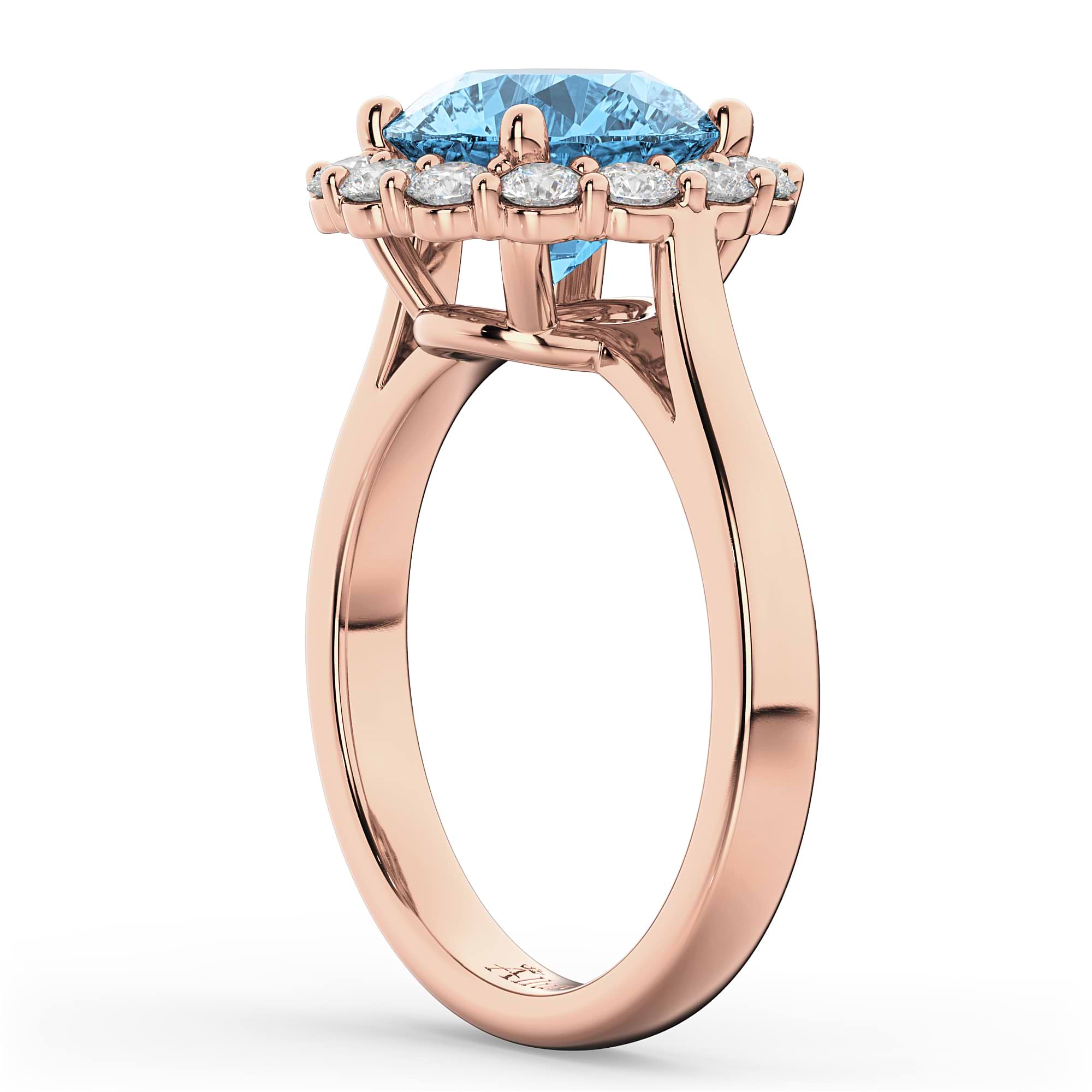 Halo Round Blue Topaz & Diamond Engagement Ring 14K Rose Gold 4.45ct