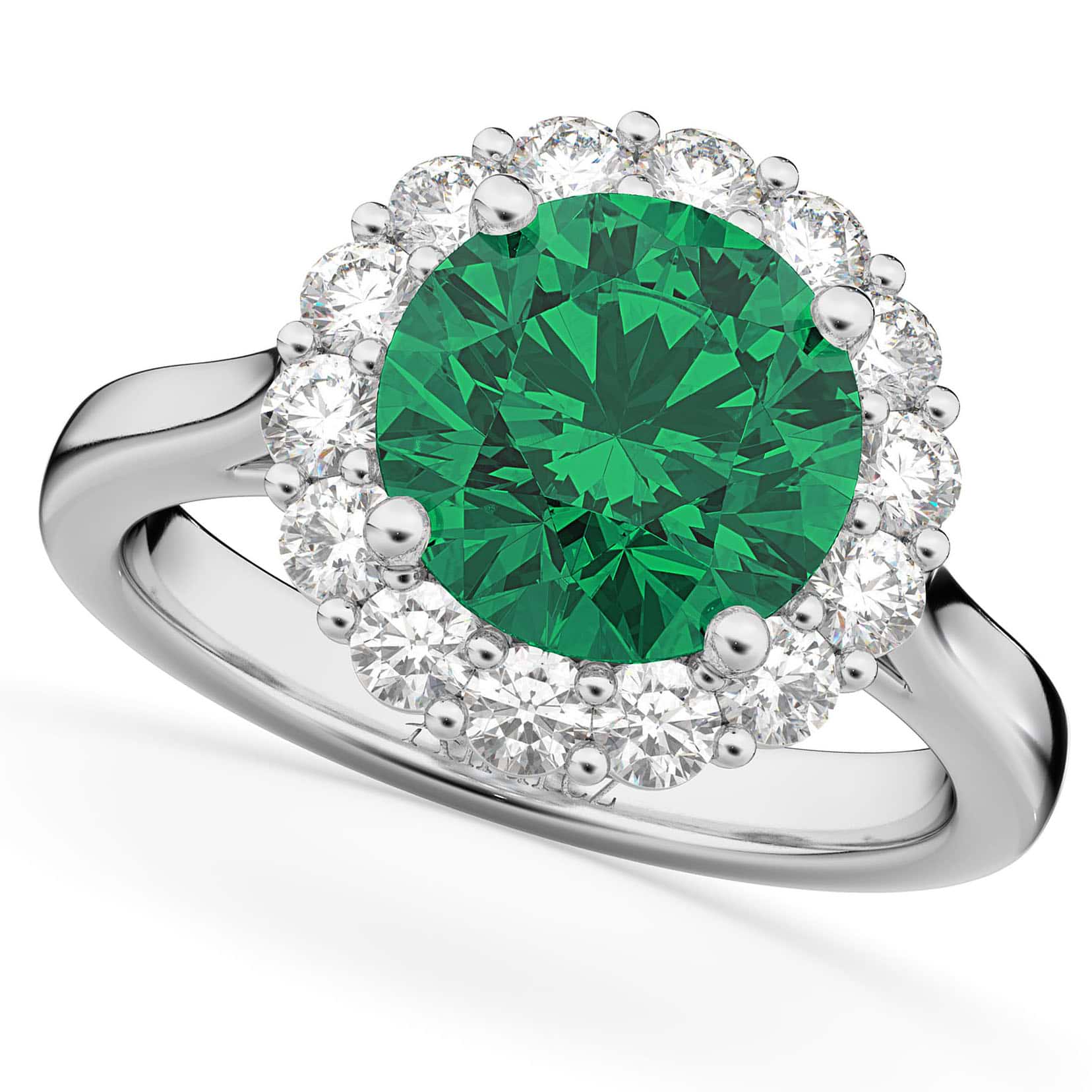Halo Round Emerald & Diamond Engagement Ring 14K White Gold 4.40ct