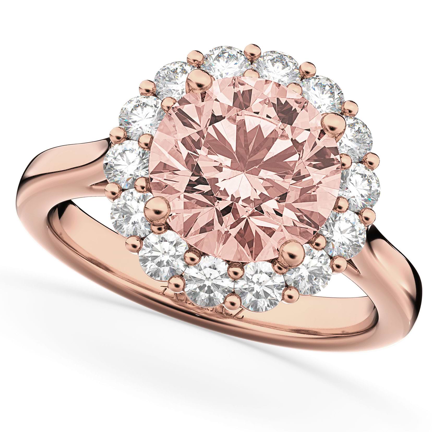 Halo Round Morganite & Diamond Engagement Ring 14K Rose Gold 3.10ct