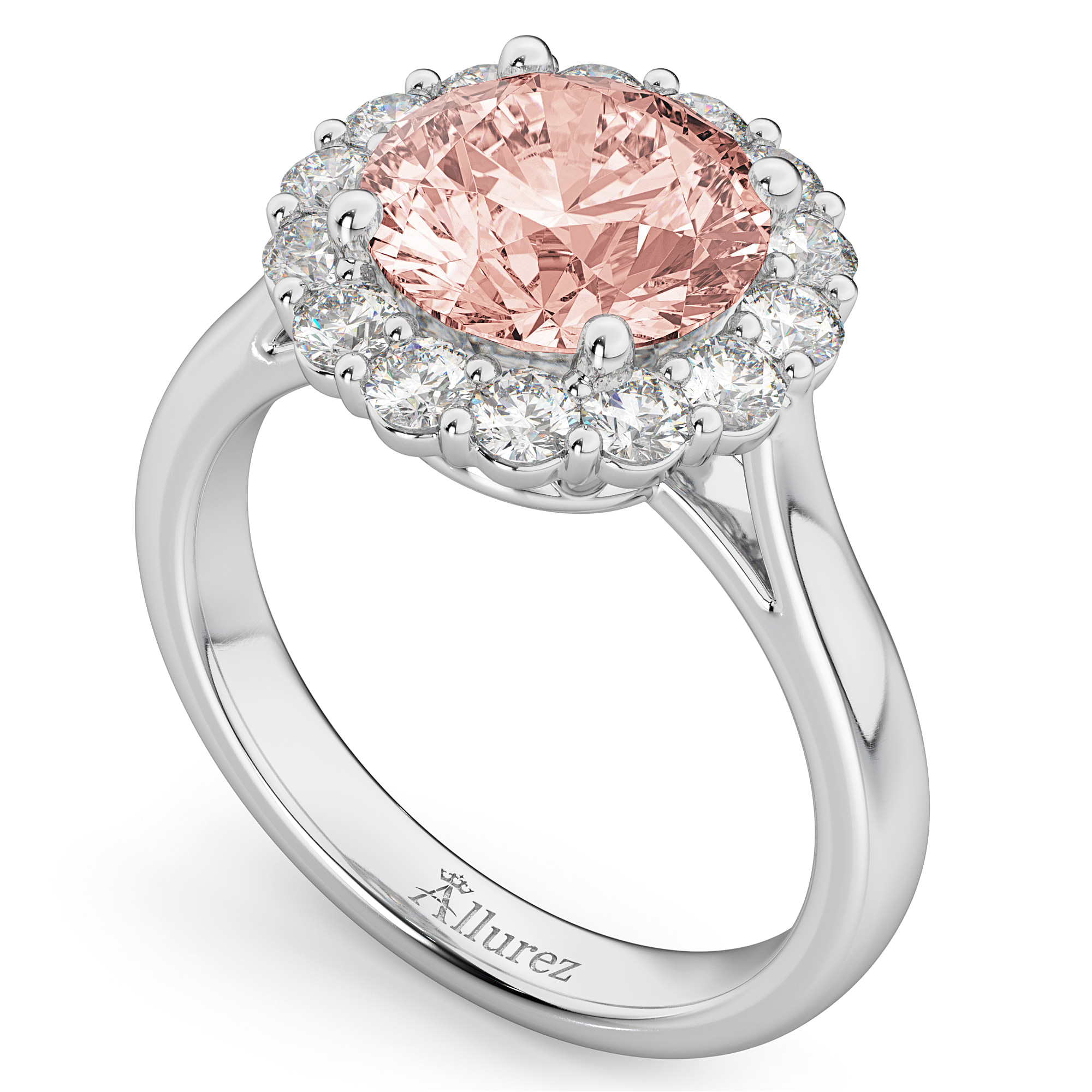 Halo Round Morganite & Diamond Engagement Ring 14K White Gold 3.10ct