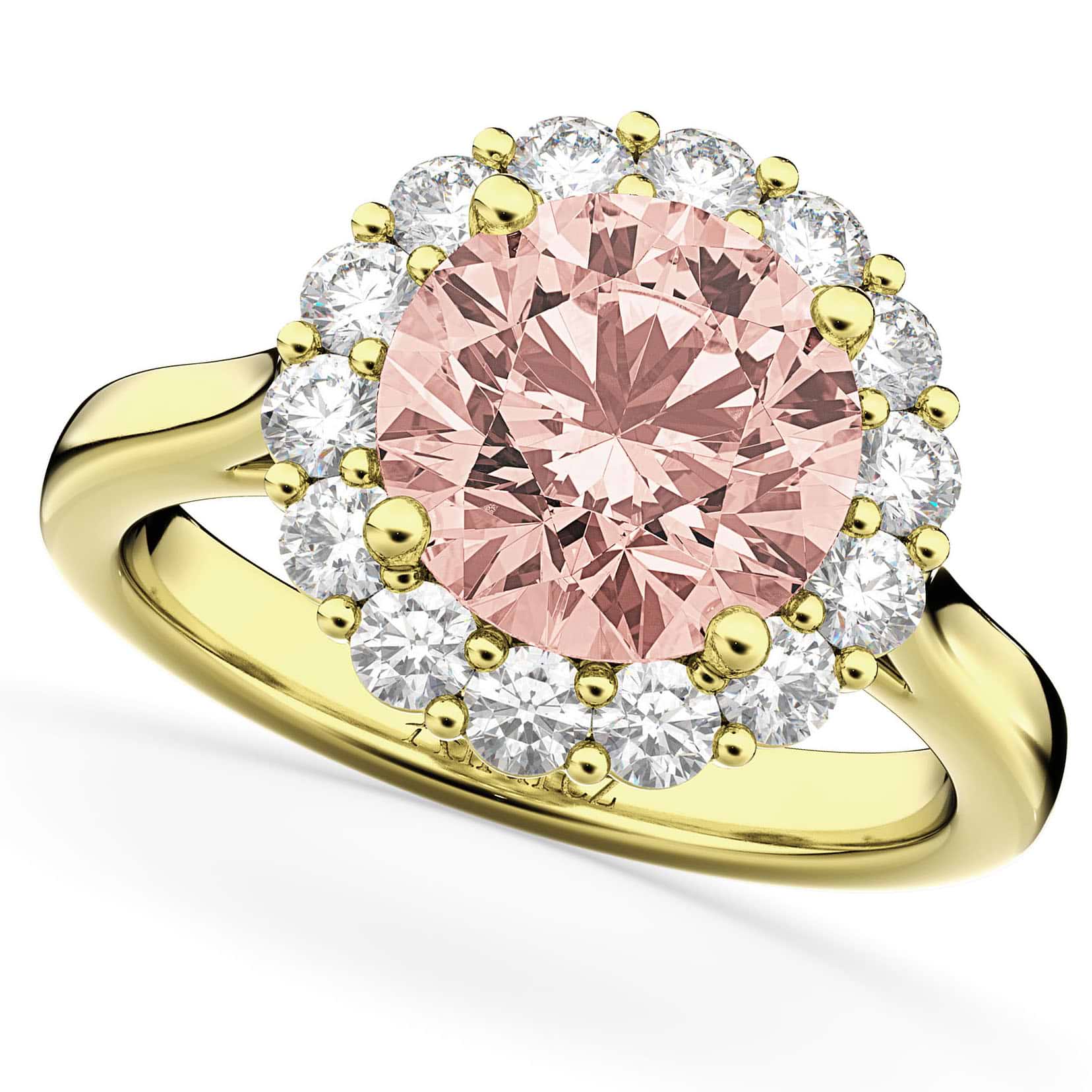 Halo Round Morganite & Diamond Engagement Ring 14K Yellow Gold 3.10ct