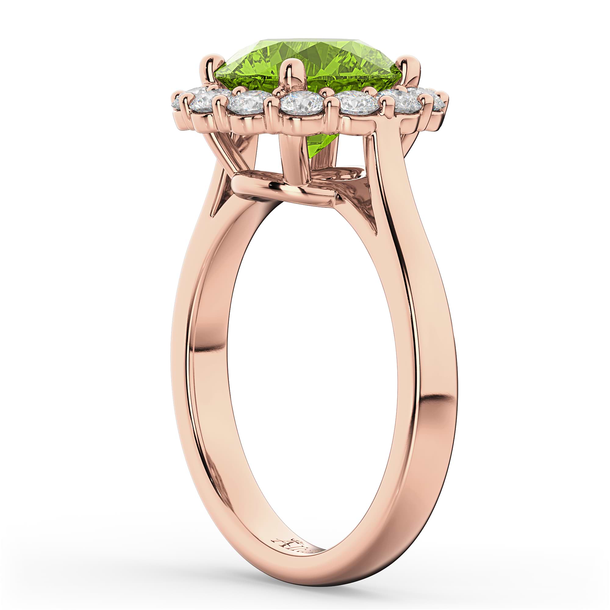 Halo Round Peridot & Diamond Engagement Ring 14K Rose Gold 4.45ct