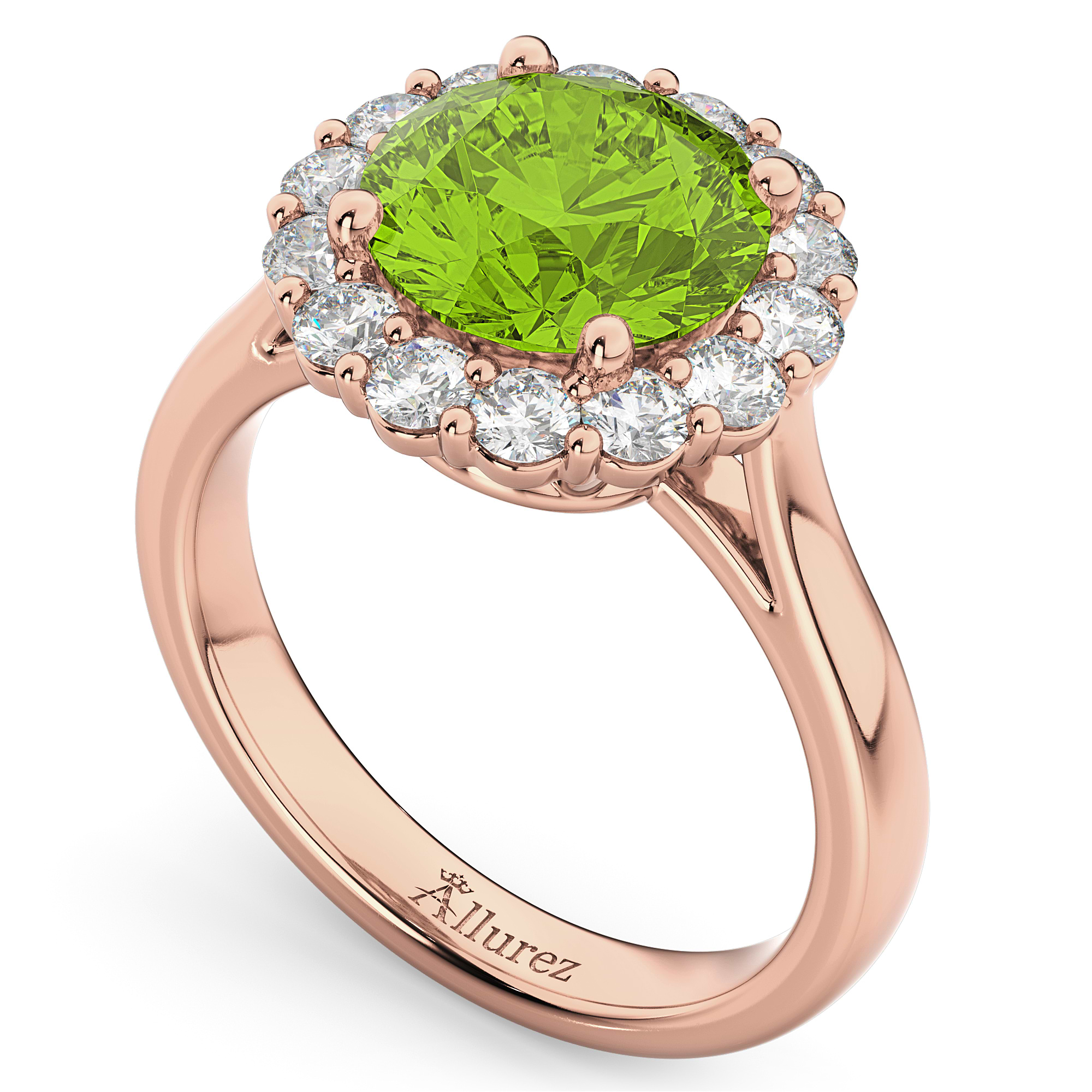 Halo Round Peridot & Diamond Engagement Ring 14K Rose Gold 4.45ct