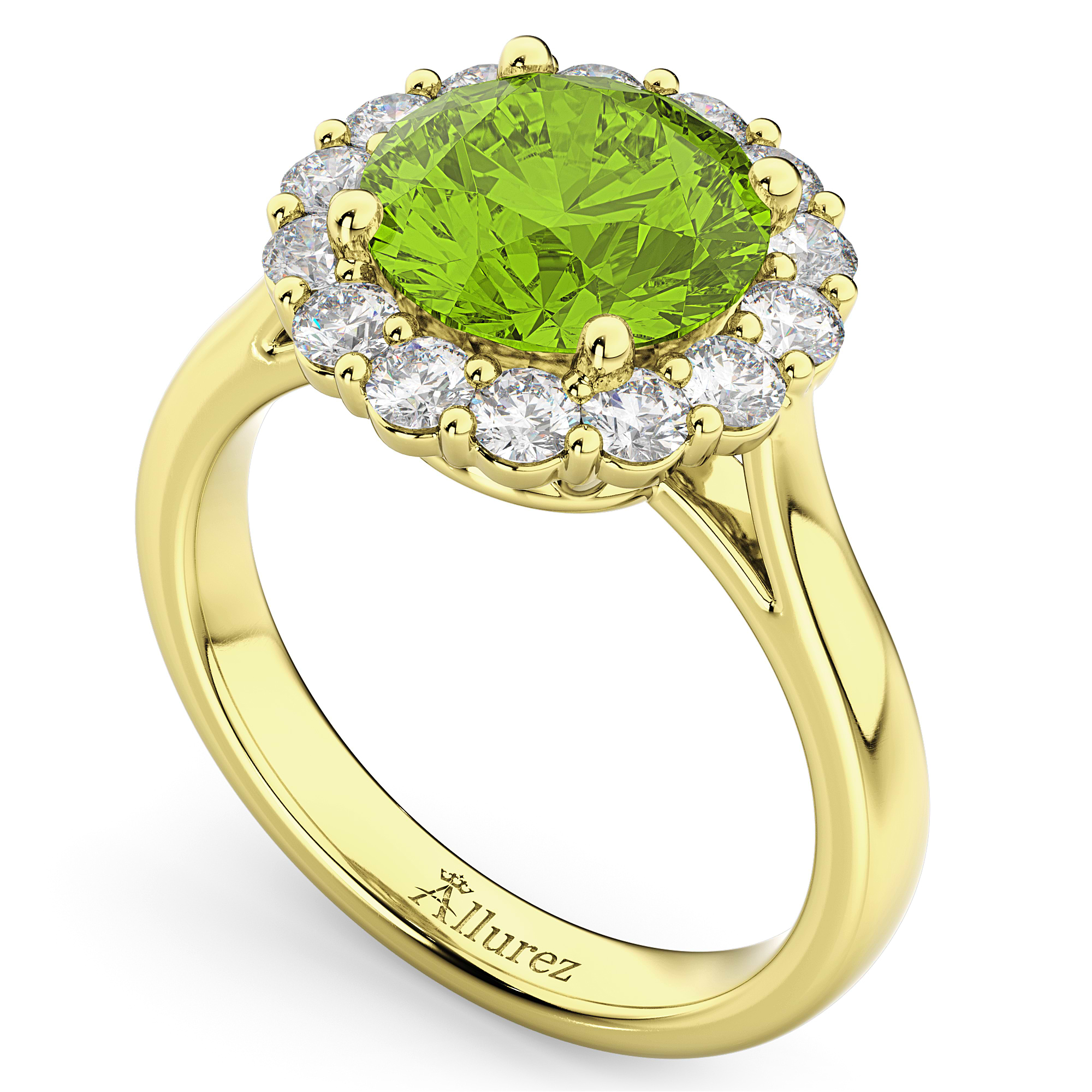 Halo Round Peridot & Diamond Engagement Ring 14K Yellow Gold 4.45ct
