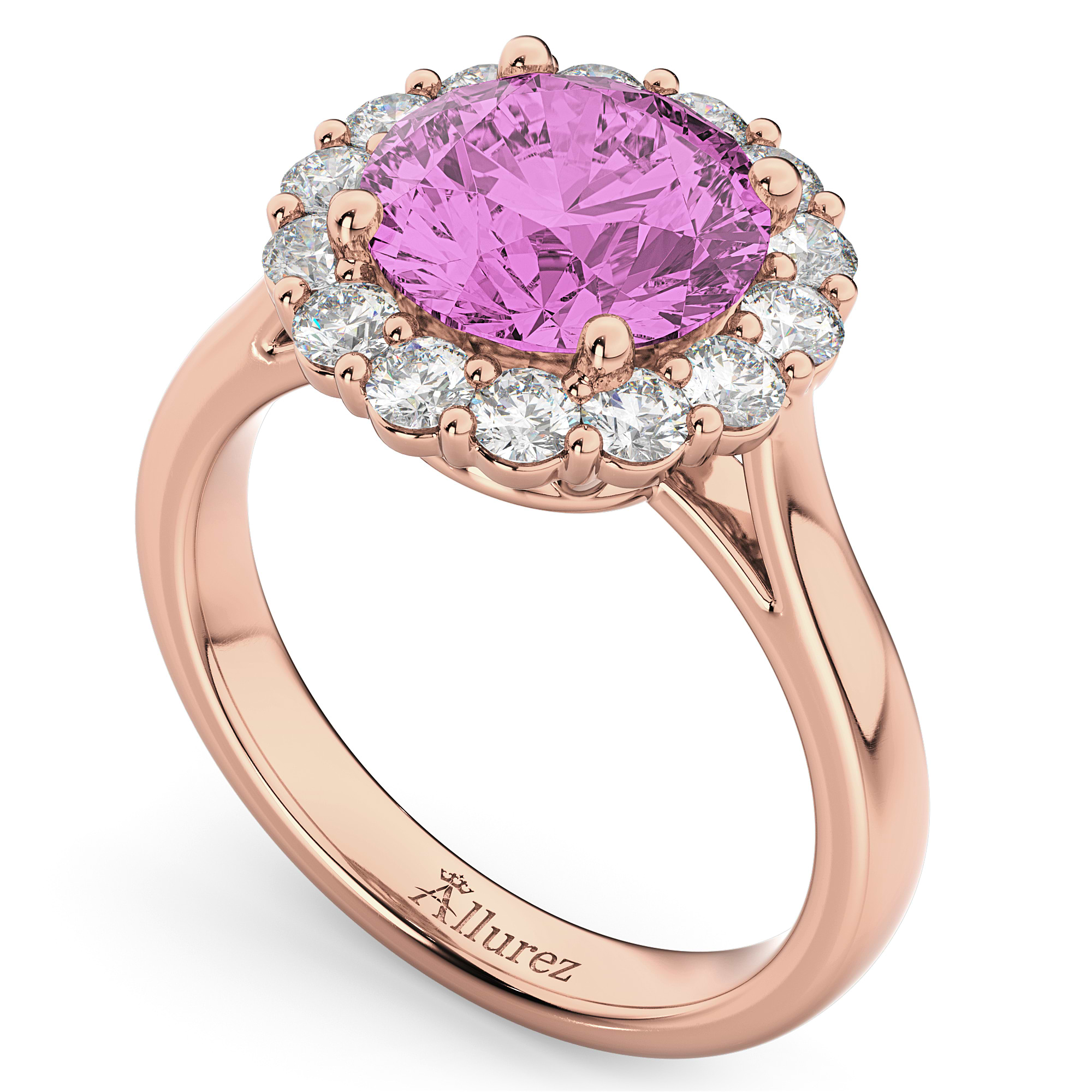 Halo Round Pink Sapphire & Diamond Engagement Ring 14K Rose Gold 4.45ct