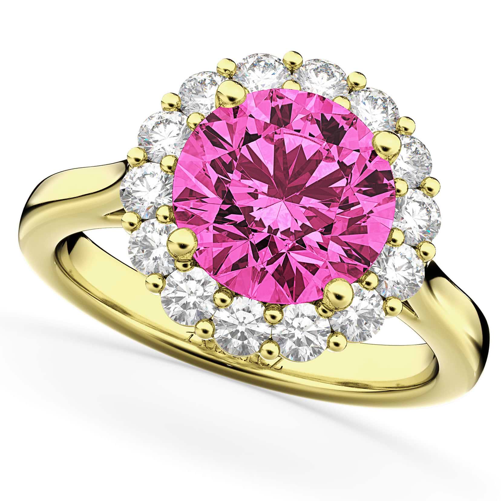 Halo Round Pink Tourmaline & Diamond Engagement Ring 14K Yellow Gold 3.20ct