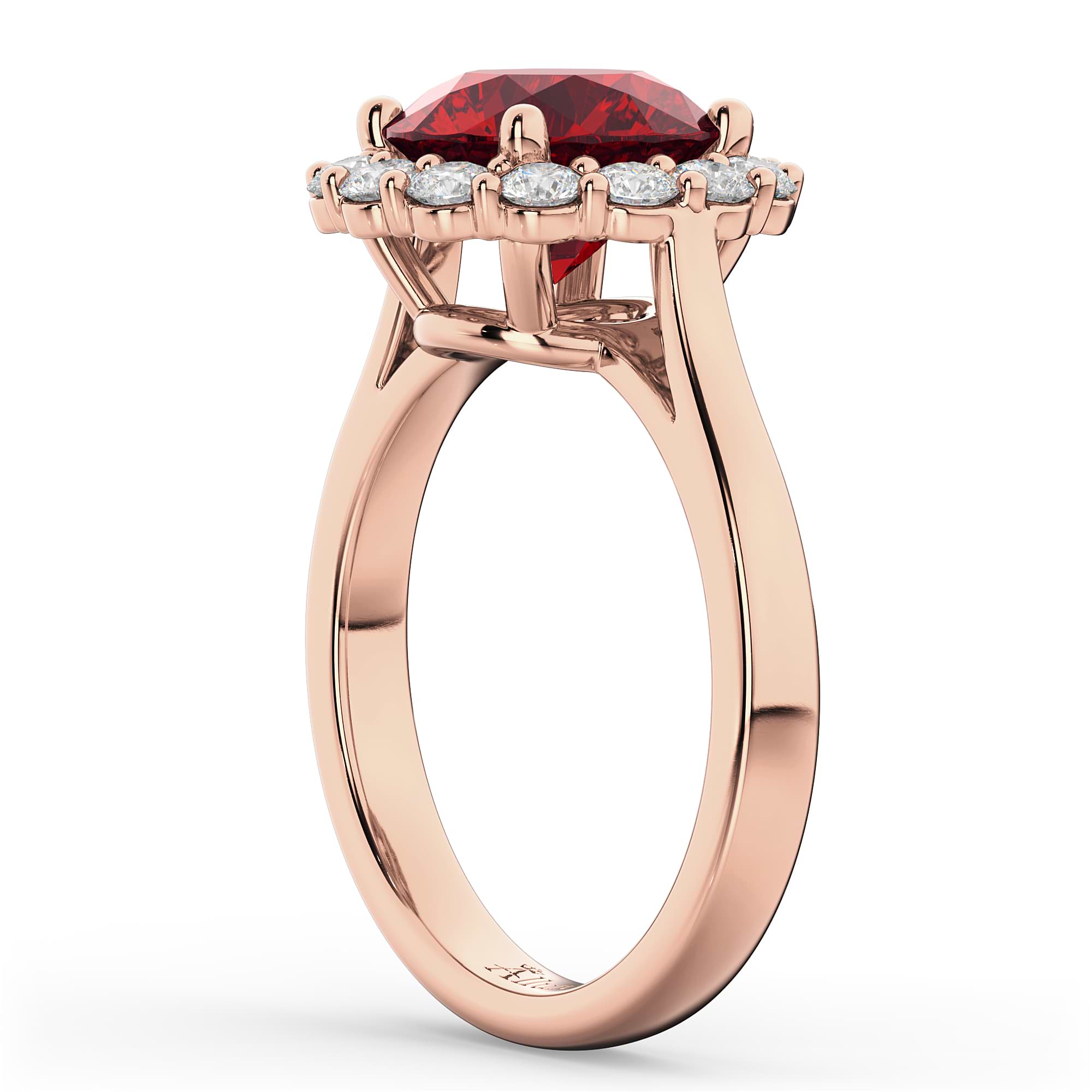 Halo Round Ruby & Diamond Engagement Ring 14K Rose Gold 4.45ct