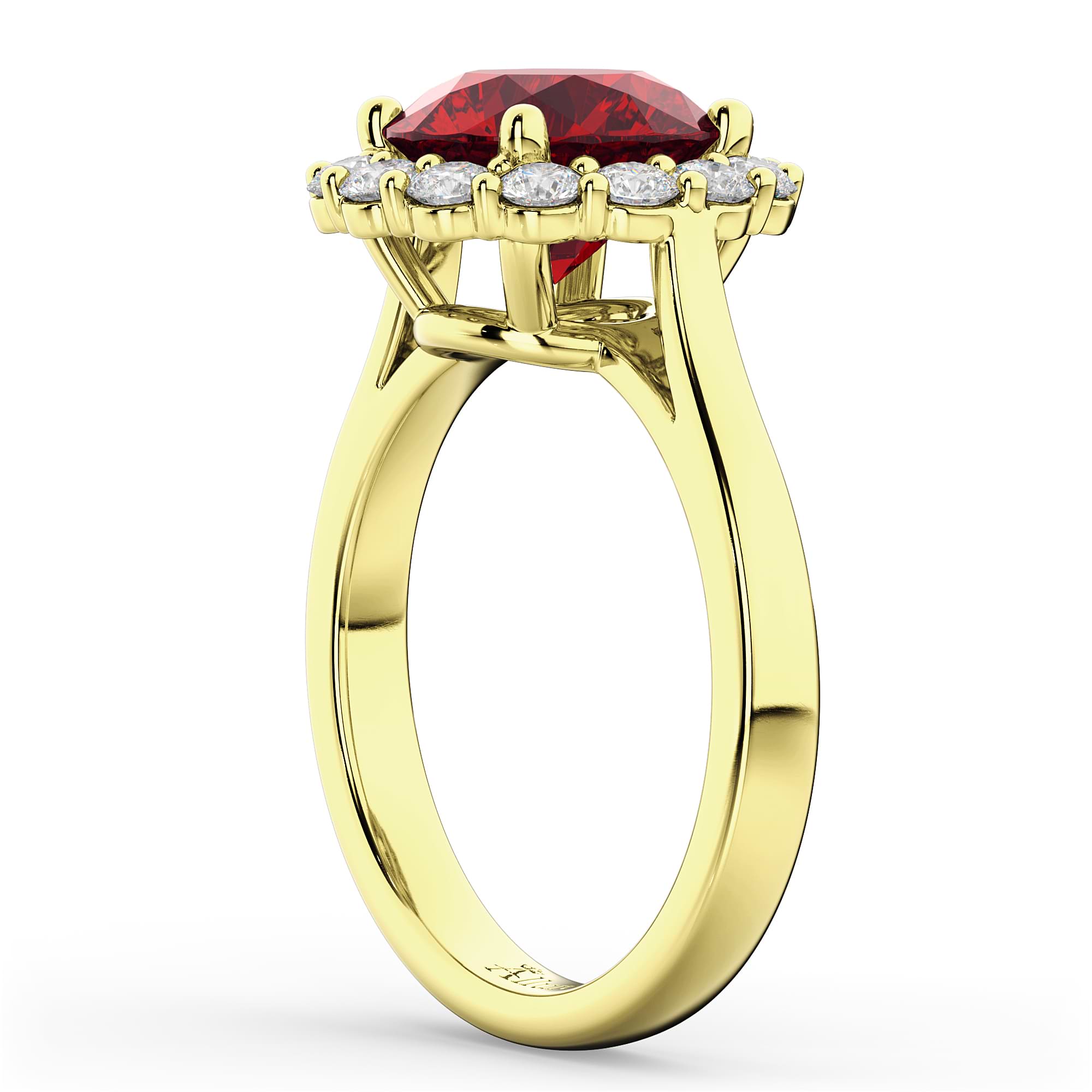 Halo Round Ruby & Diamond Engagement Ring 14K Yellow Gold 4.45ct