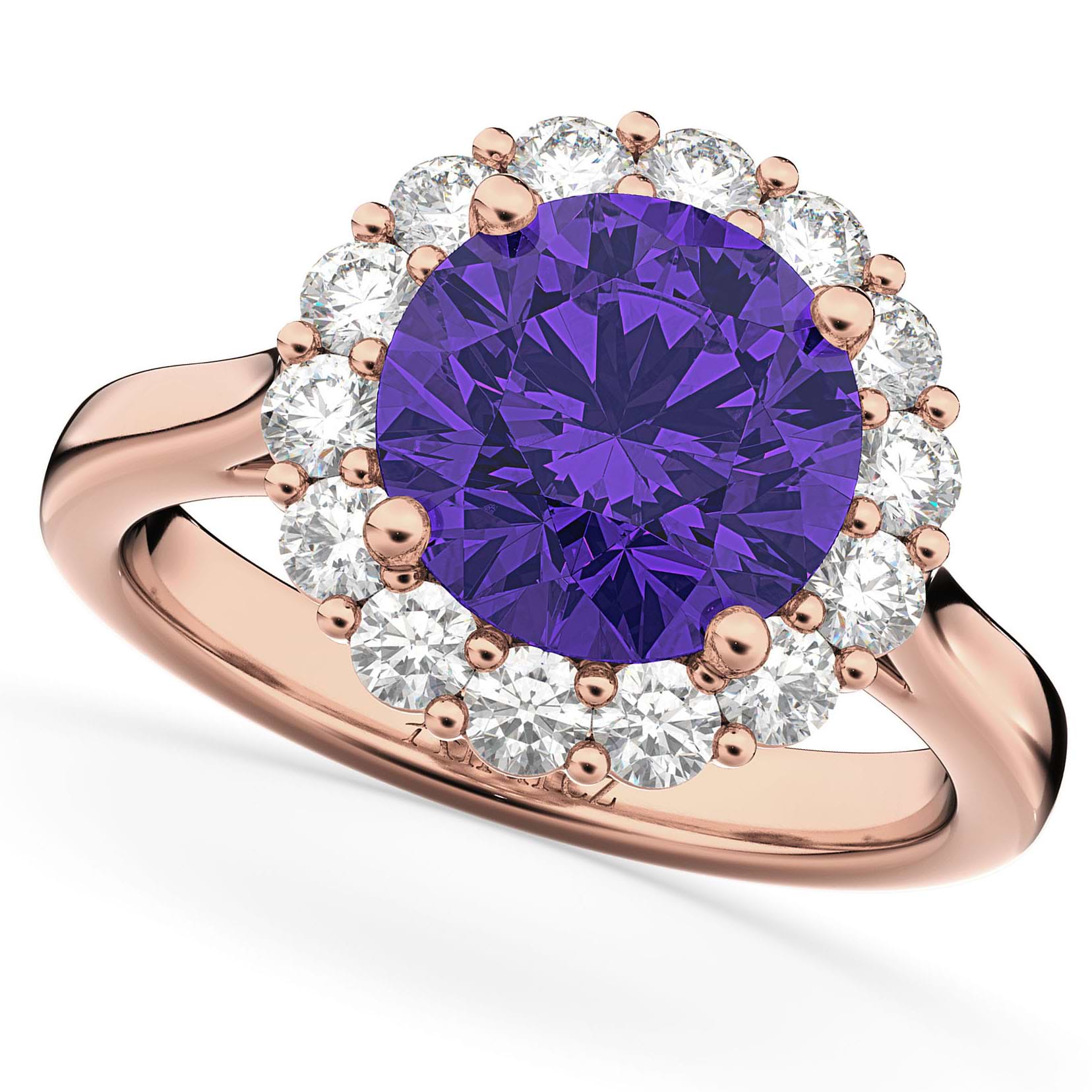 Halo Round Tanzanite & Diamond Engagement Ring 14K Rose Gold 3.10ct