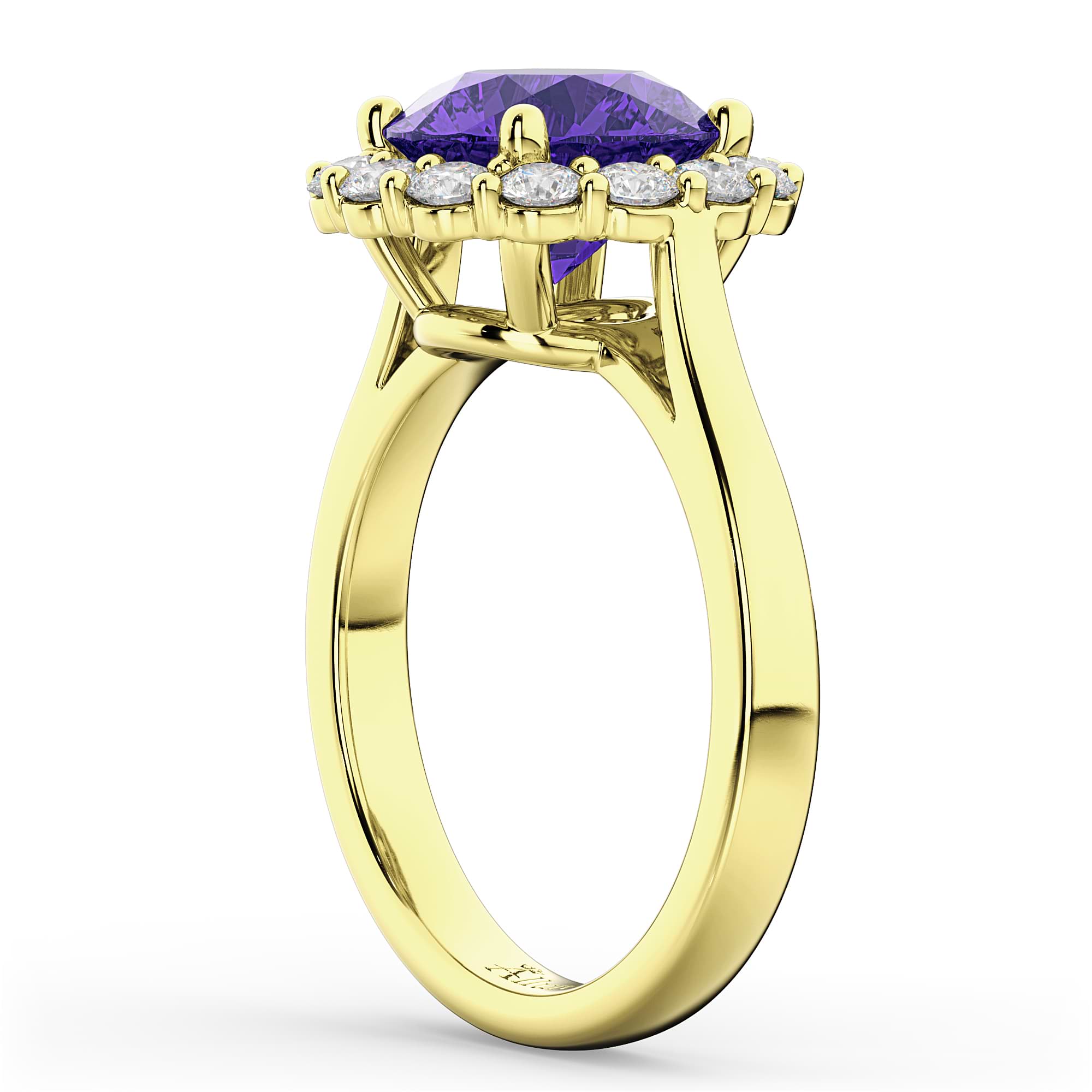 Halo Round Tanzanite & Diamond Engagement Ring 14K Yellow Gold 3.10ct