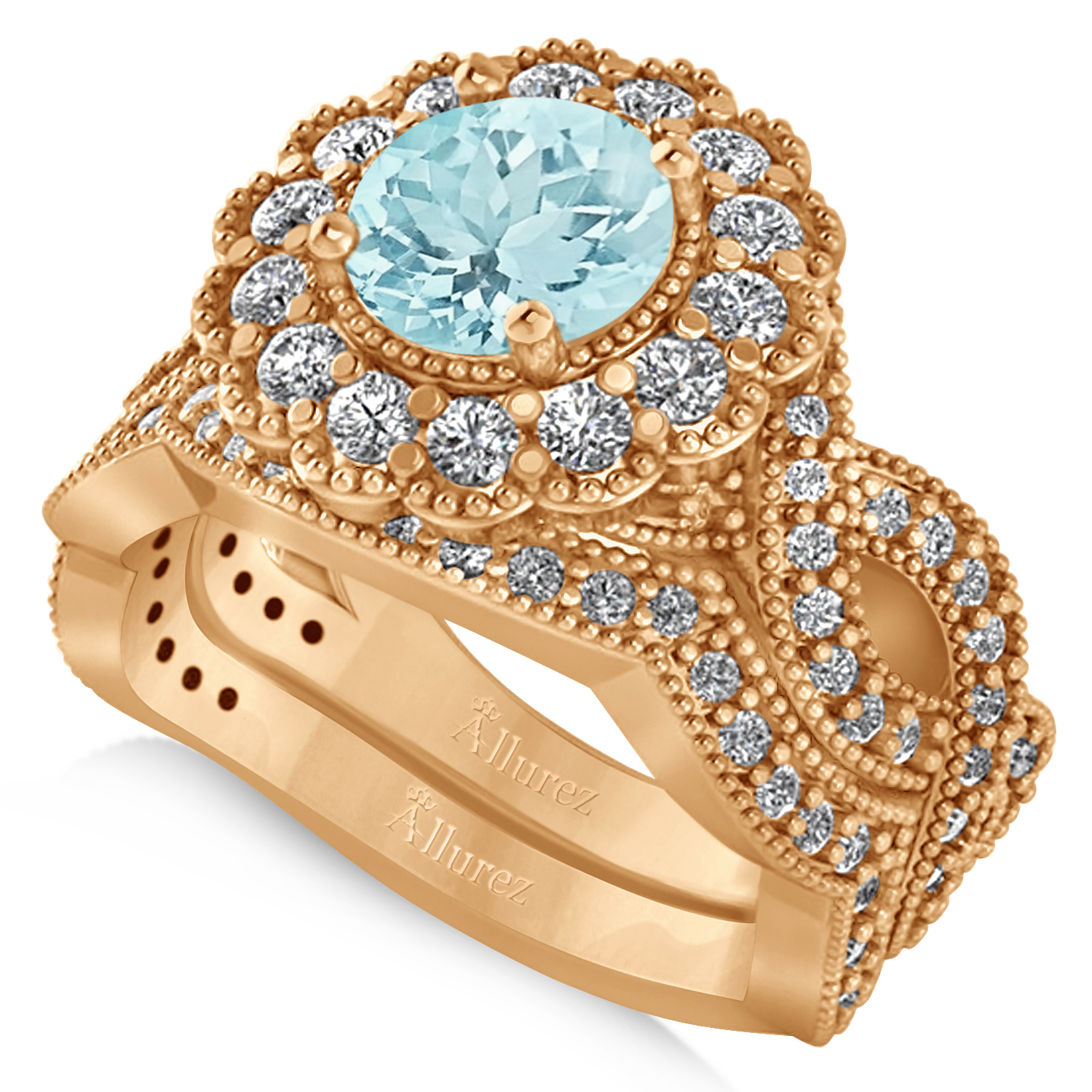 Diamond & Aquamarine Flower Halo Bridal Set 14k Rose Gold (2.22ct)