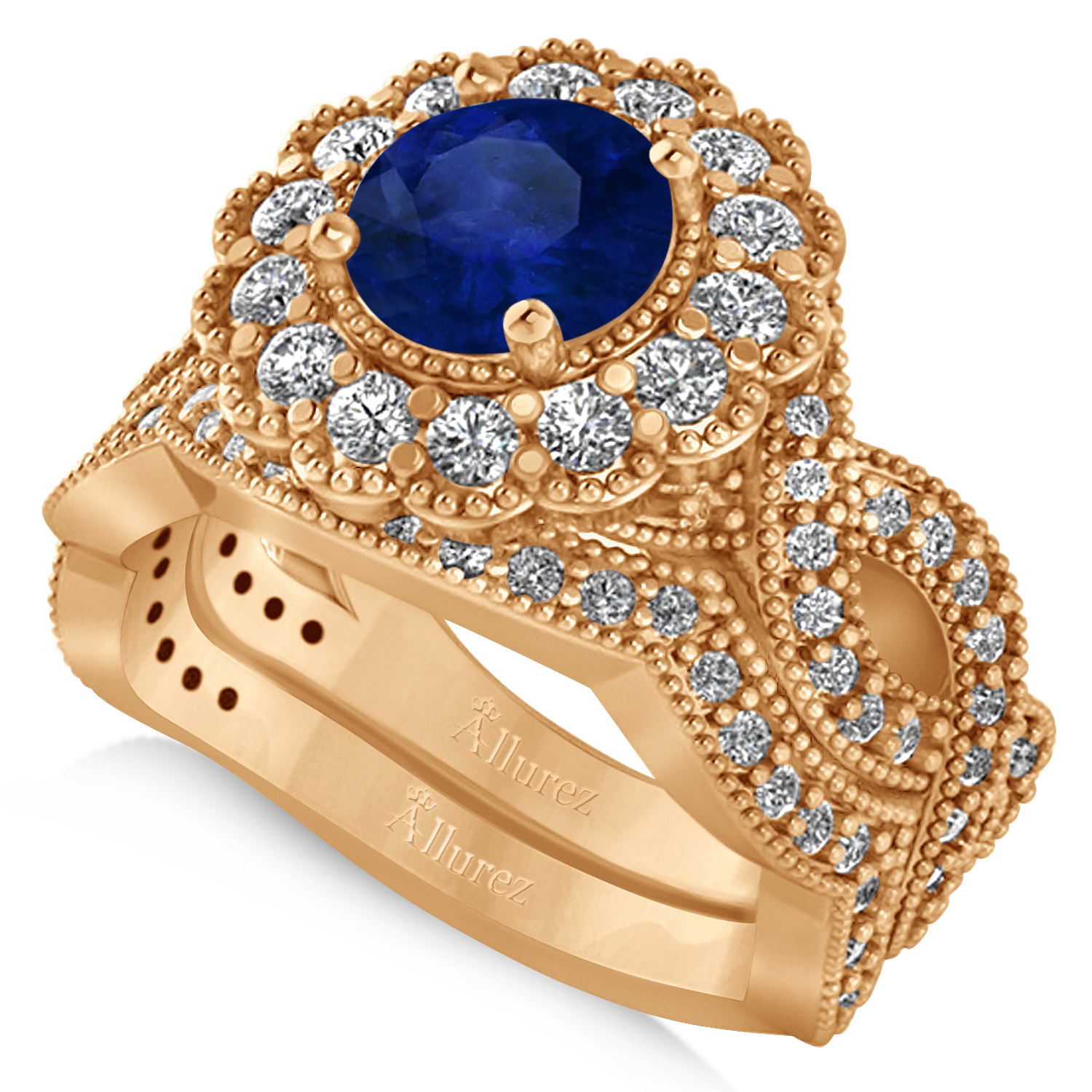 Diamond & Blue Sapphire Flower Halo Bridal Set 14k Rose Gold (2.22ct)