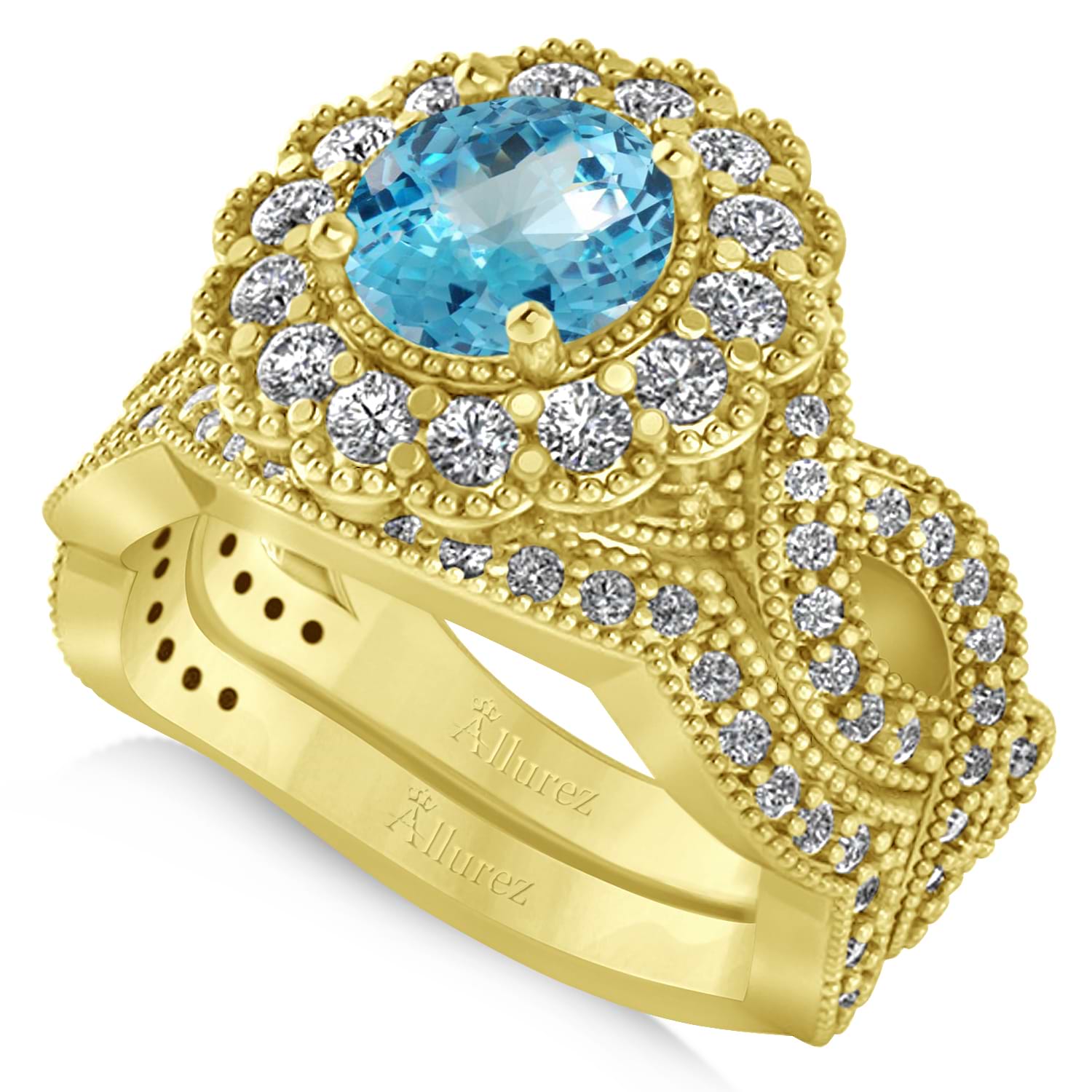 Diamond & Blue Topaz Flower Halo Bridal Set 14k Yellow Gold (2.22ct)