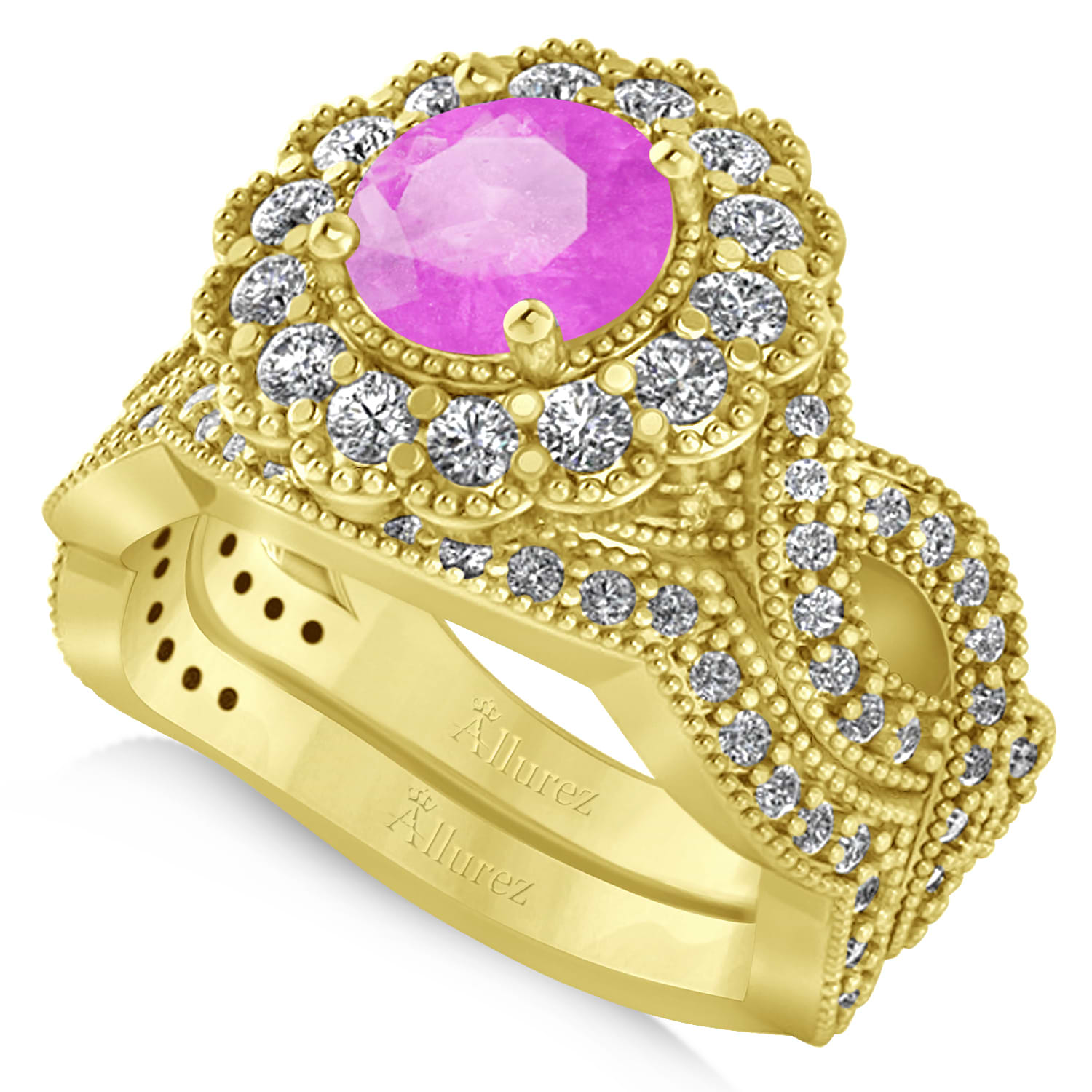 Diamond & Pink Sapphire Flower Halo Bridal Set 14k Yellow Gold (2.22ct)